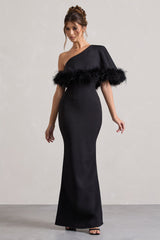 Black Asymmetric Maxi Dress With Feather Trim