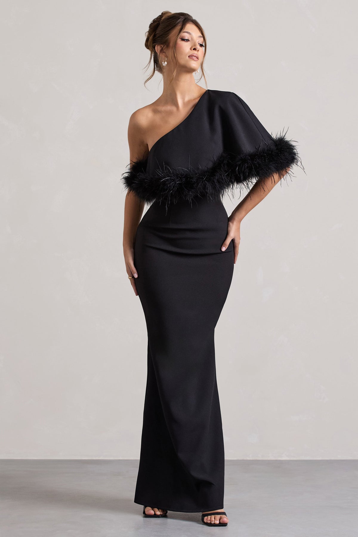 Black Asymmetric Maxi Dress With Feather Trim