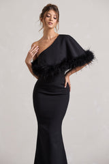 Black Asymmetric Maxi Dress With Feather Trim