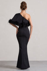 Black Asymmetric Maxi Dress With Feather Trim