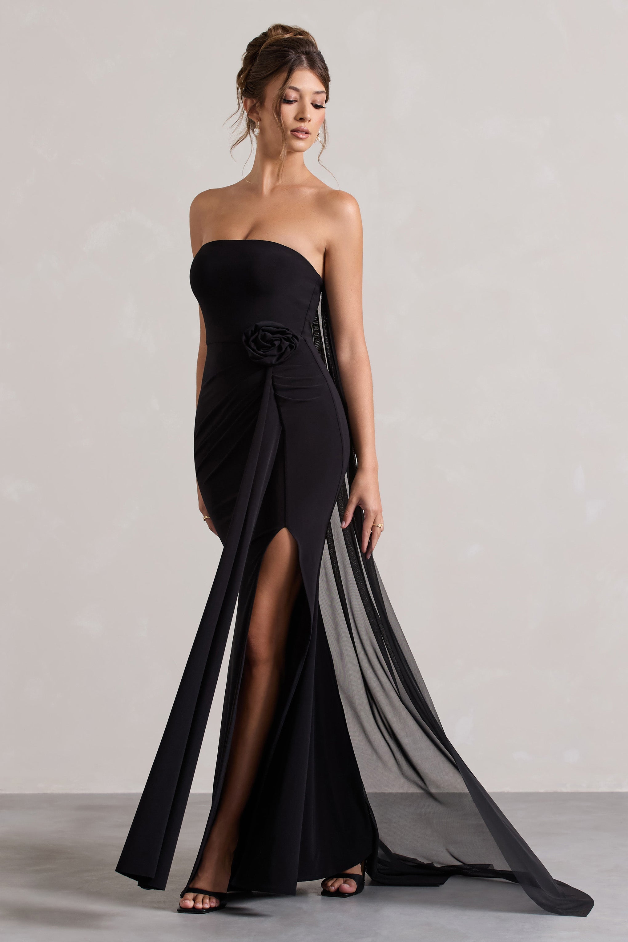 Black Strapless Wrap Cape Maxi Dress With Corsage