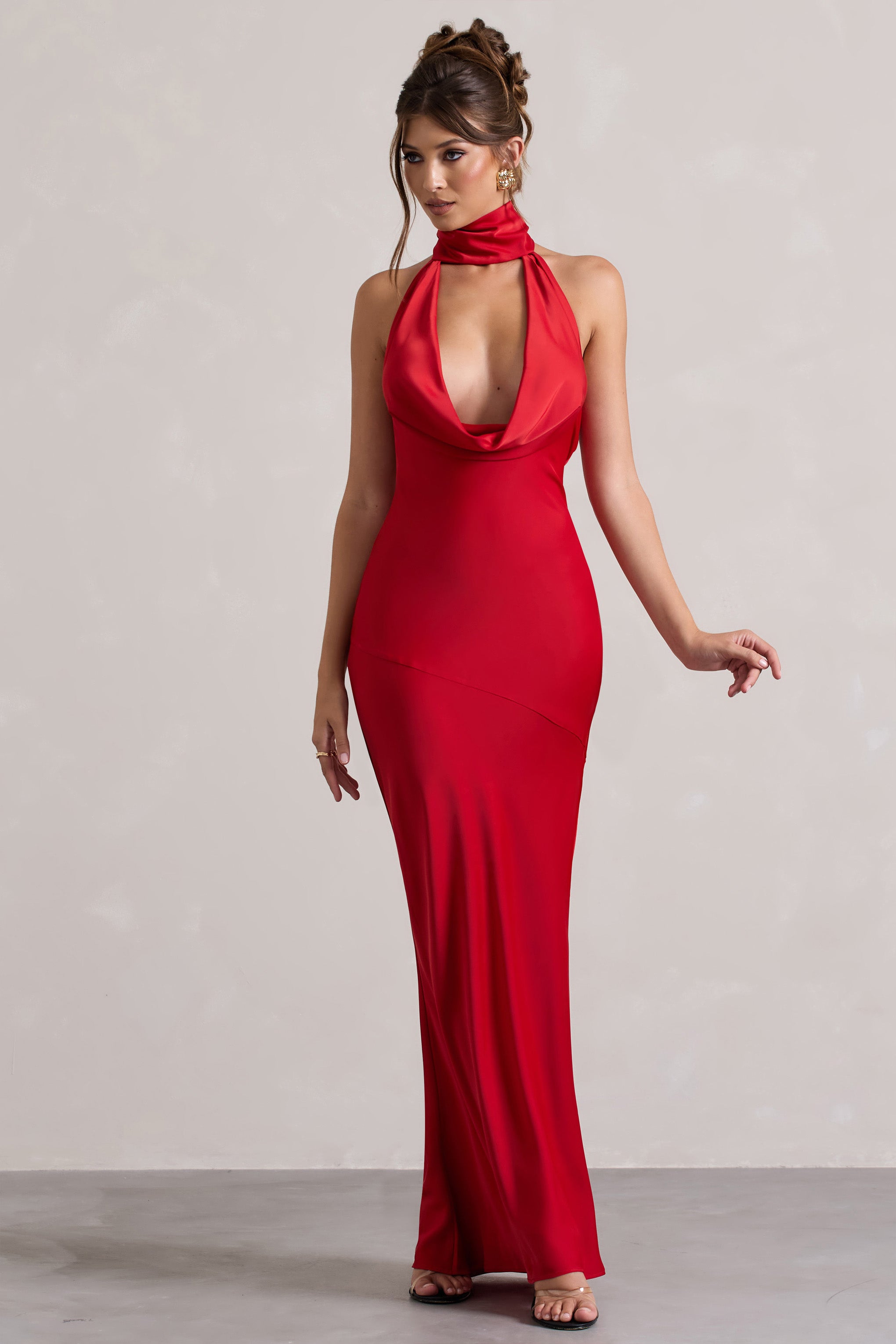 Red Satin Cowl-Neck Maxi Dress