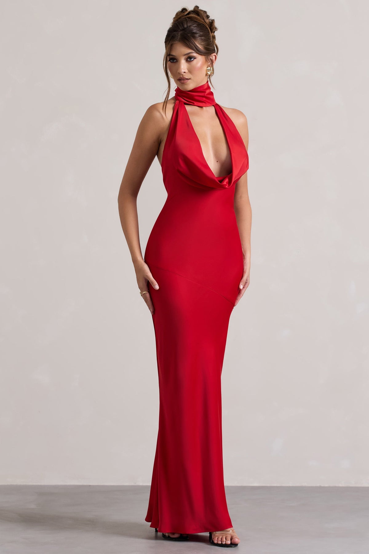 Red Satin Cowl-Neck Maxi Dress