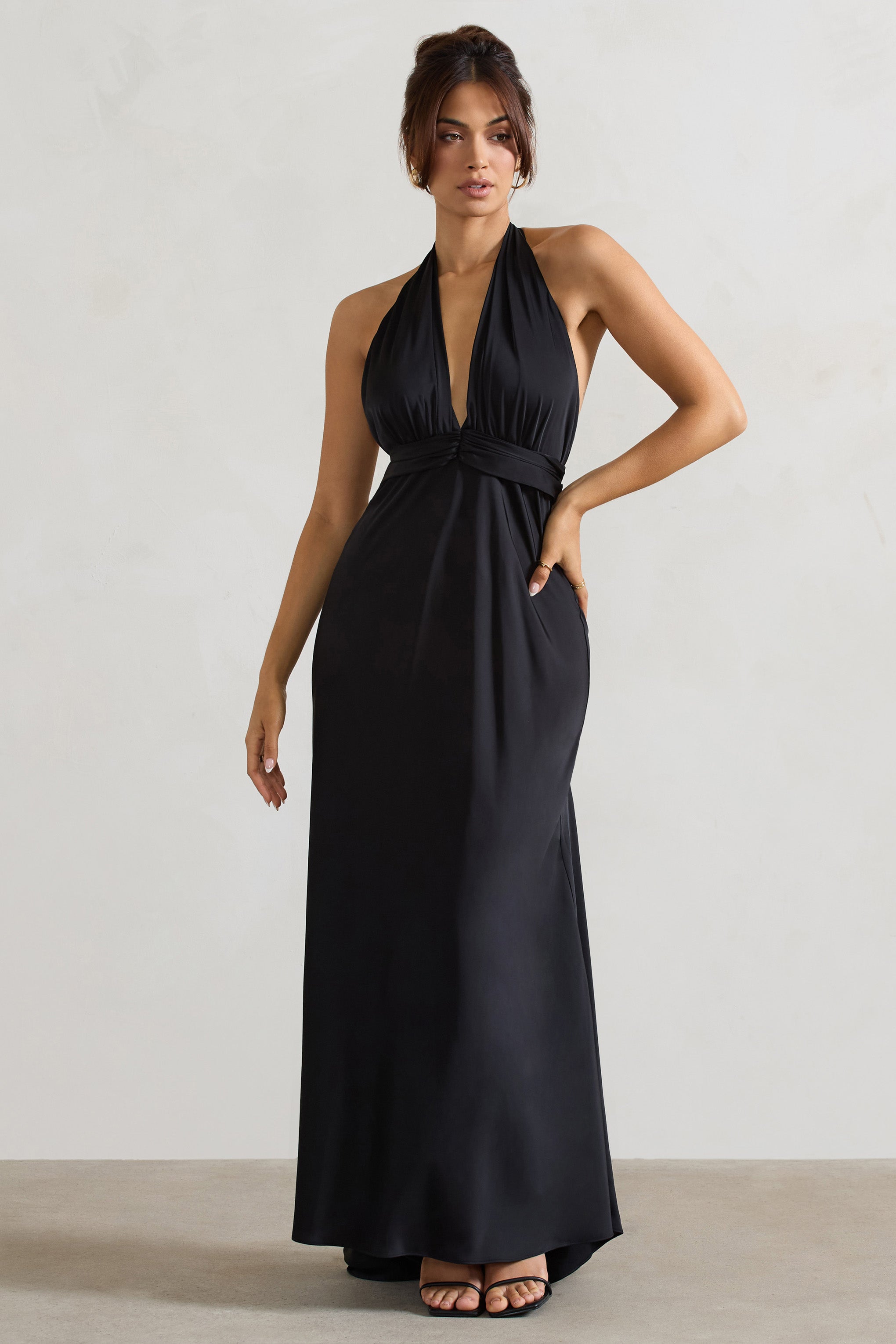 Black Satin Plunge Maxi Dress With Dipped Hem