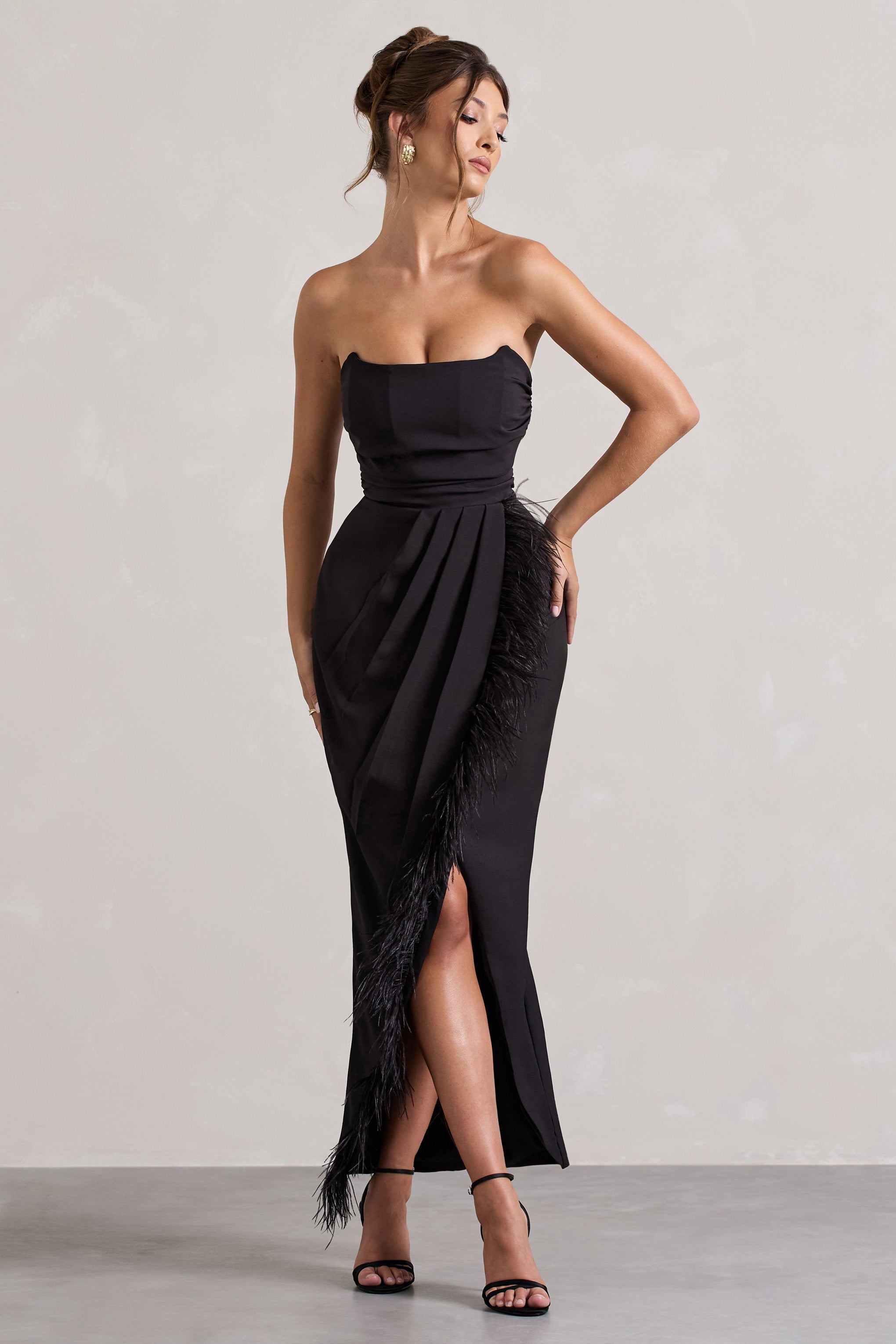 Black Bandeau Wrap Maxi Dress With Feather Trim