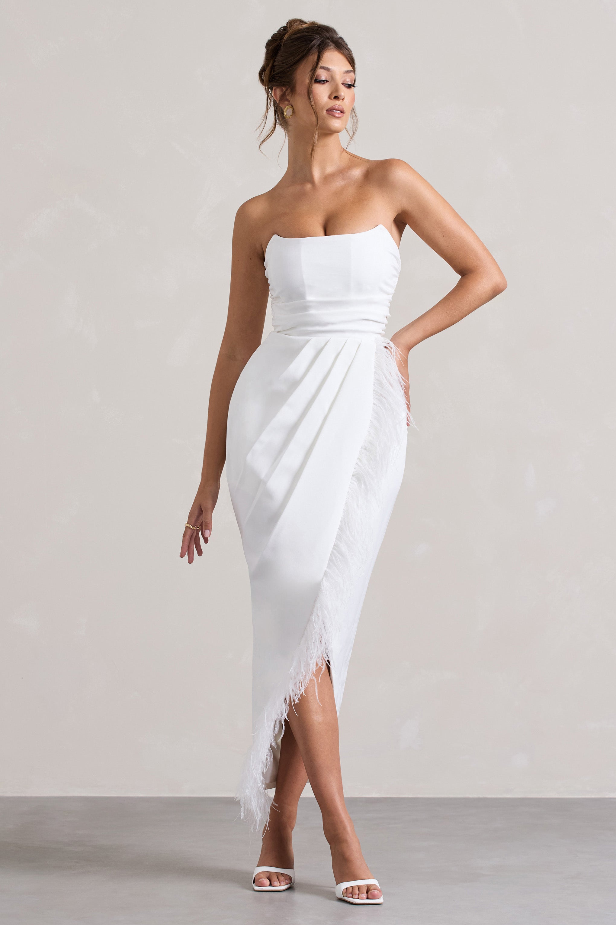 White Bandeau Wrap Maxi Dress With Feather Trim