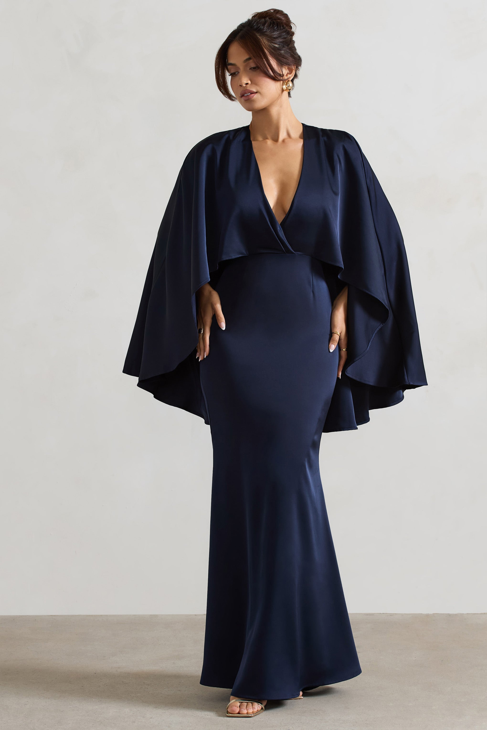 Navy Satin Plunge-Neck Maxi Dress With Cape Sleeves