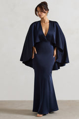 Navy Satin Plunge-Neck Maxi Dress With Cape Sleeves