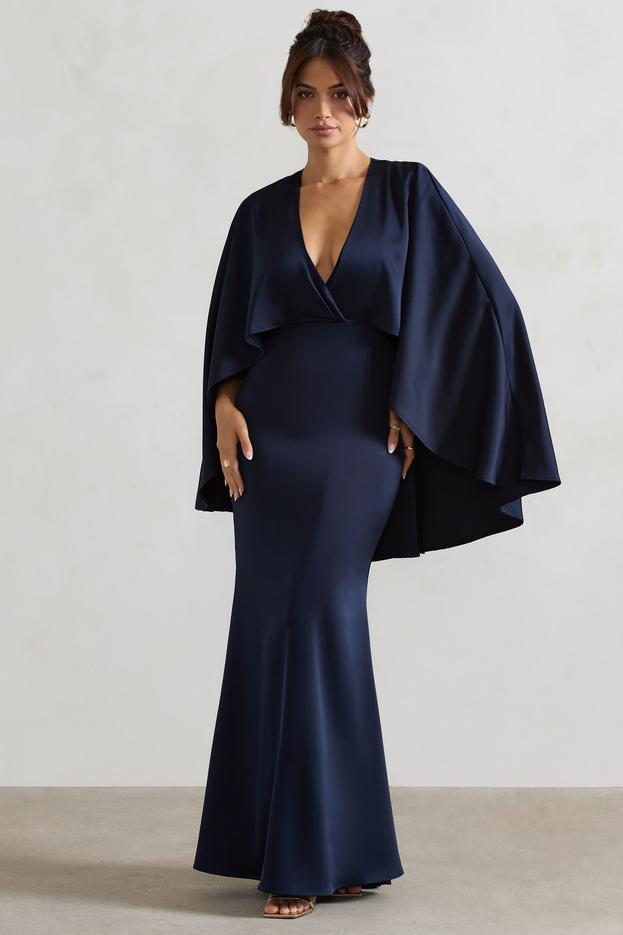 Navy Satin Plunge-Neck Maxi Dress With Cape Sleeves