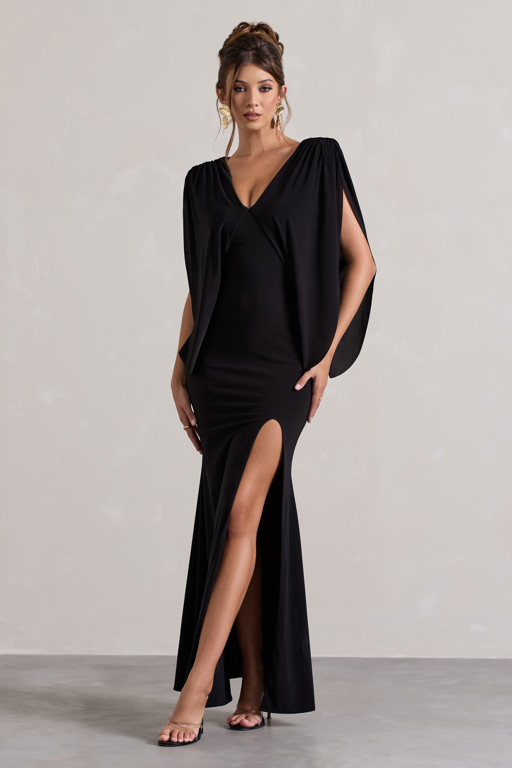 Black V-Neck Cape Sleeve Split Maxi Dress