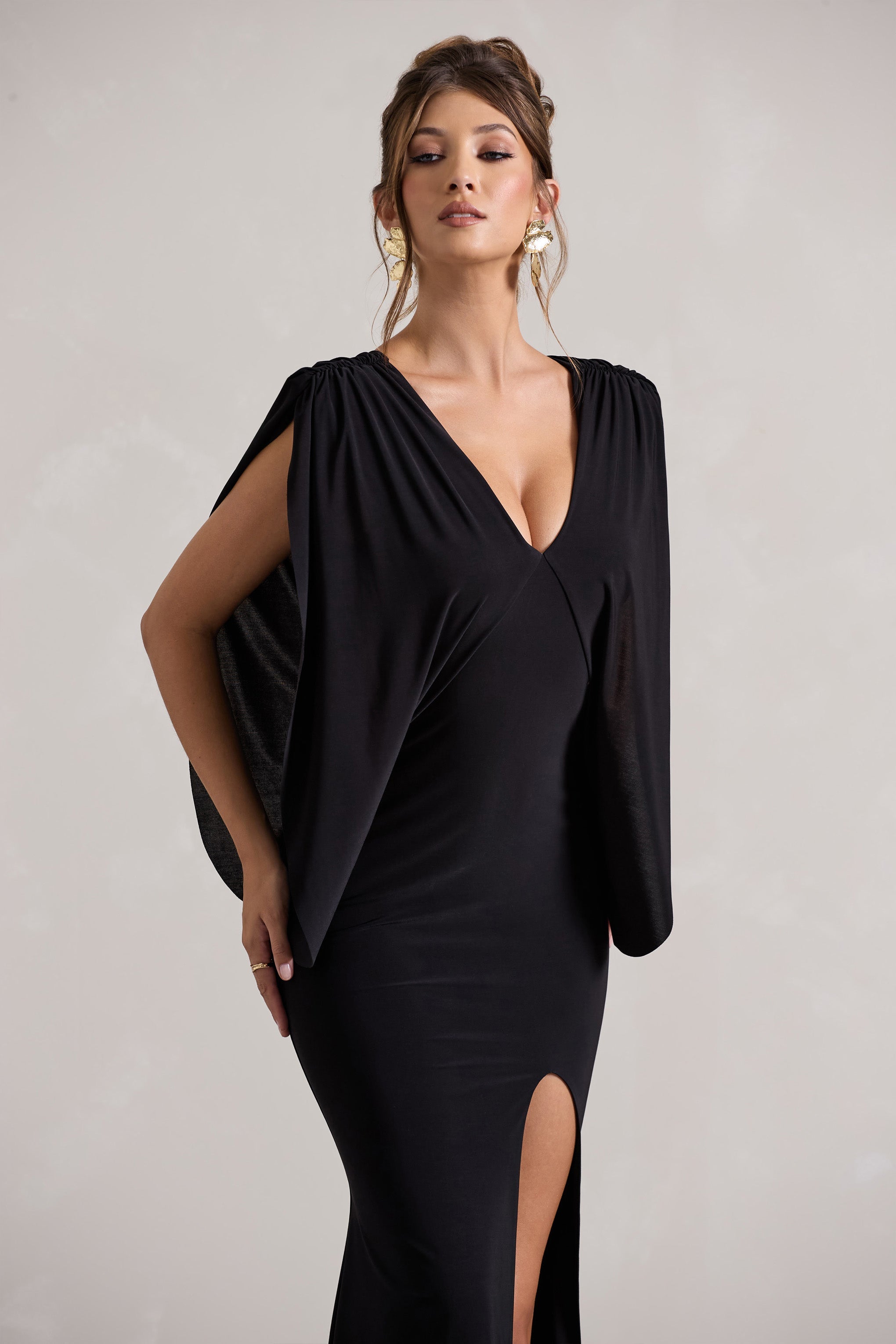 Black V-Neck Cape Sleeve Split Maxi Dress