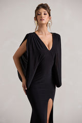 Black V-Neck Cape Sleeve Split Maxi Dress