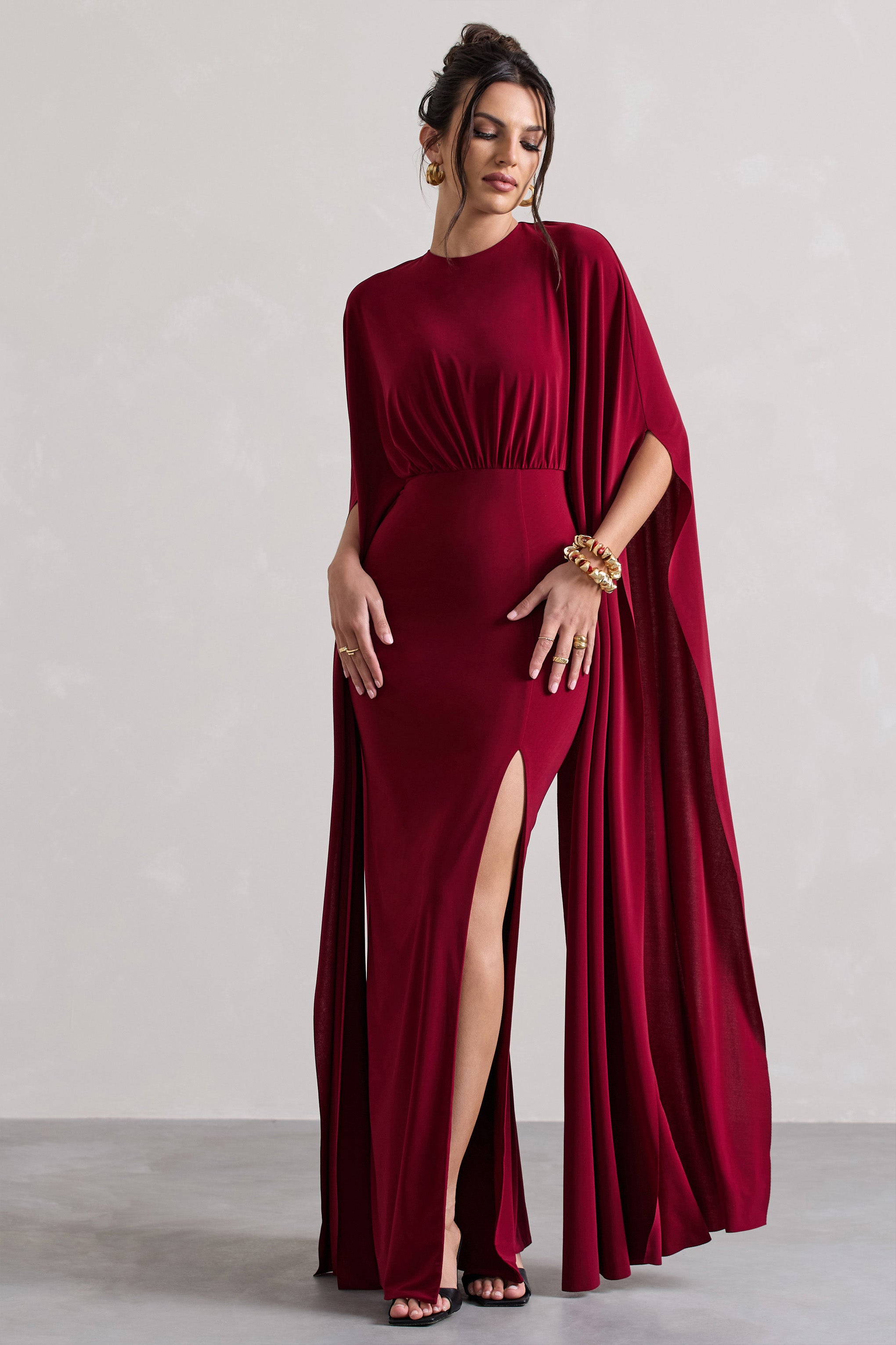 Berry Cape Sleeve Split Maxi Dress