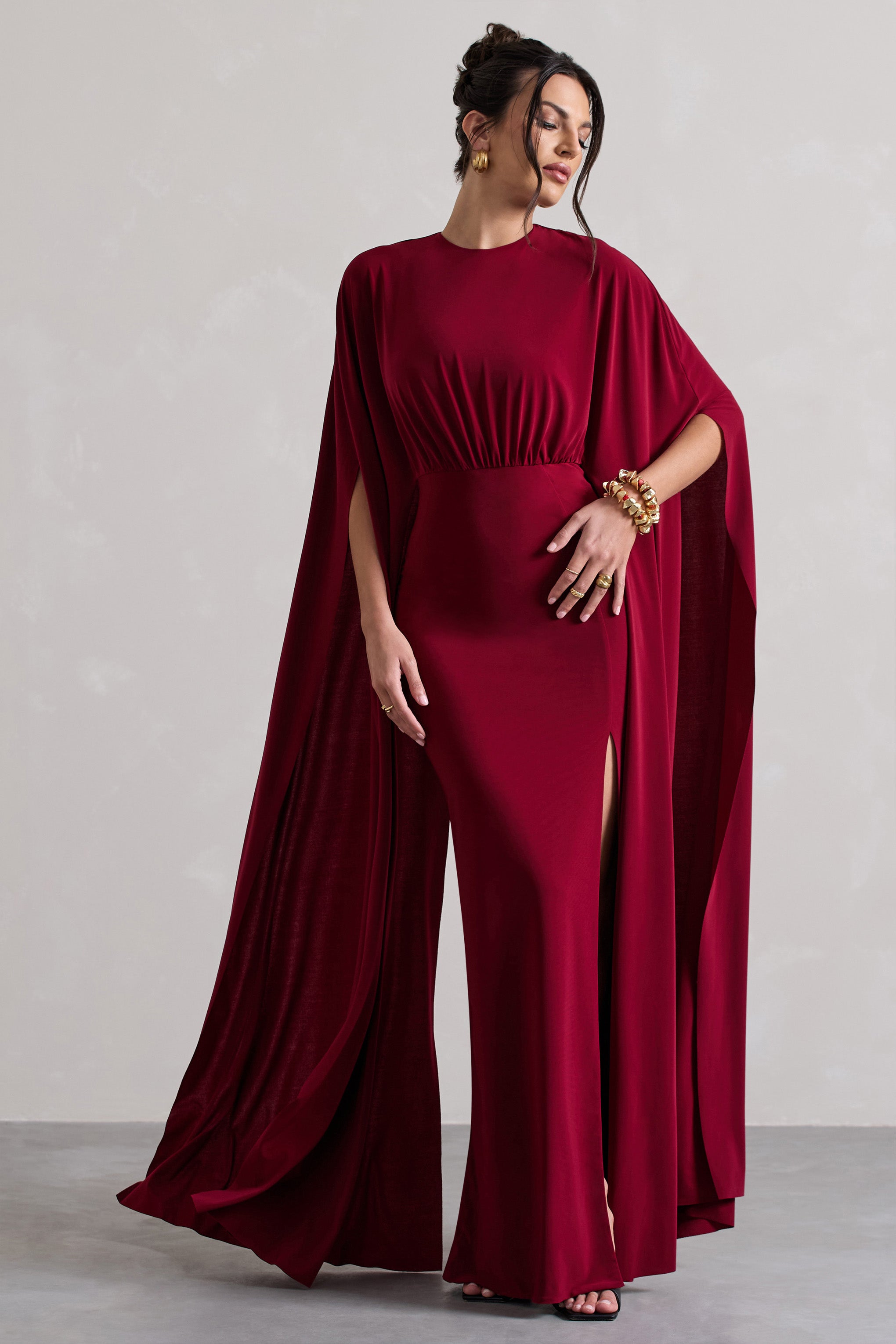 Berry Cape Sleeve Split Maxi Dress