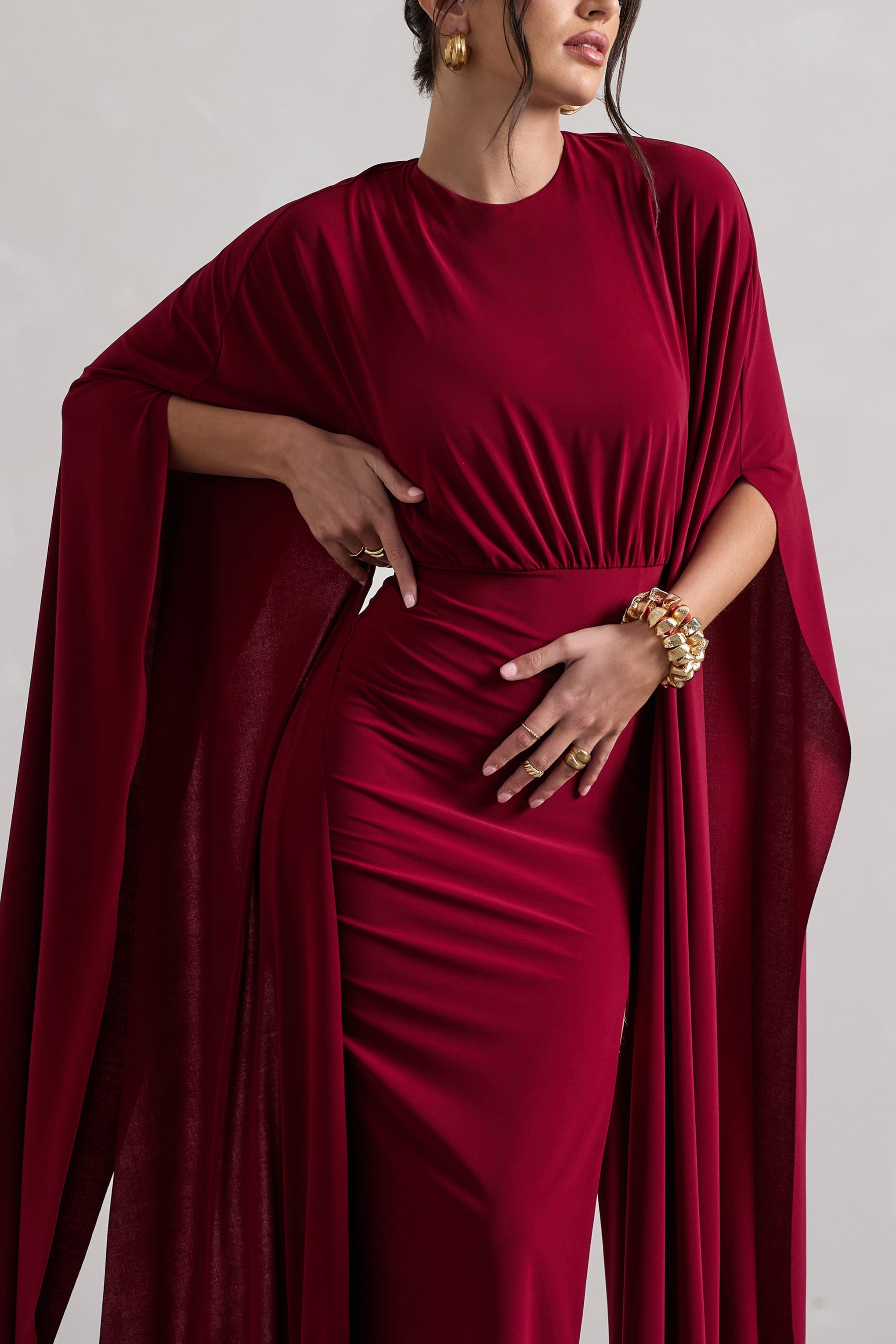 Berry Cape Sleeve Split Maxi Dress