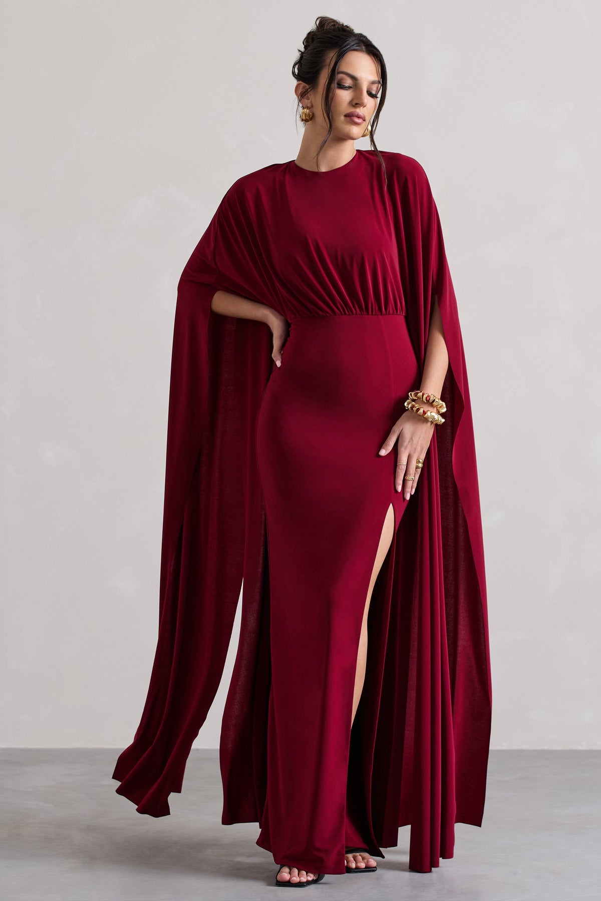 Berry Cape Sleeve Split Maxi Dress