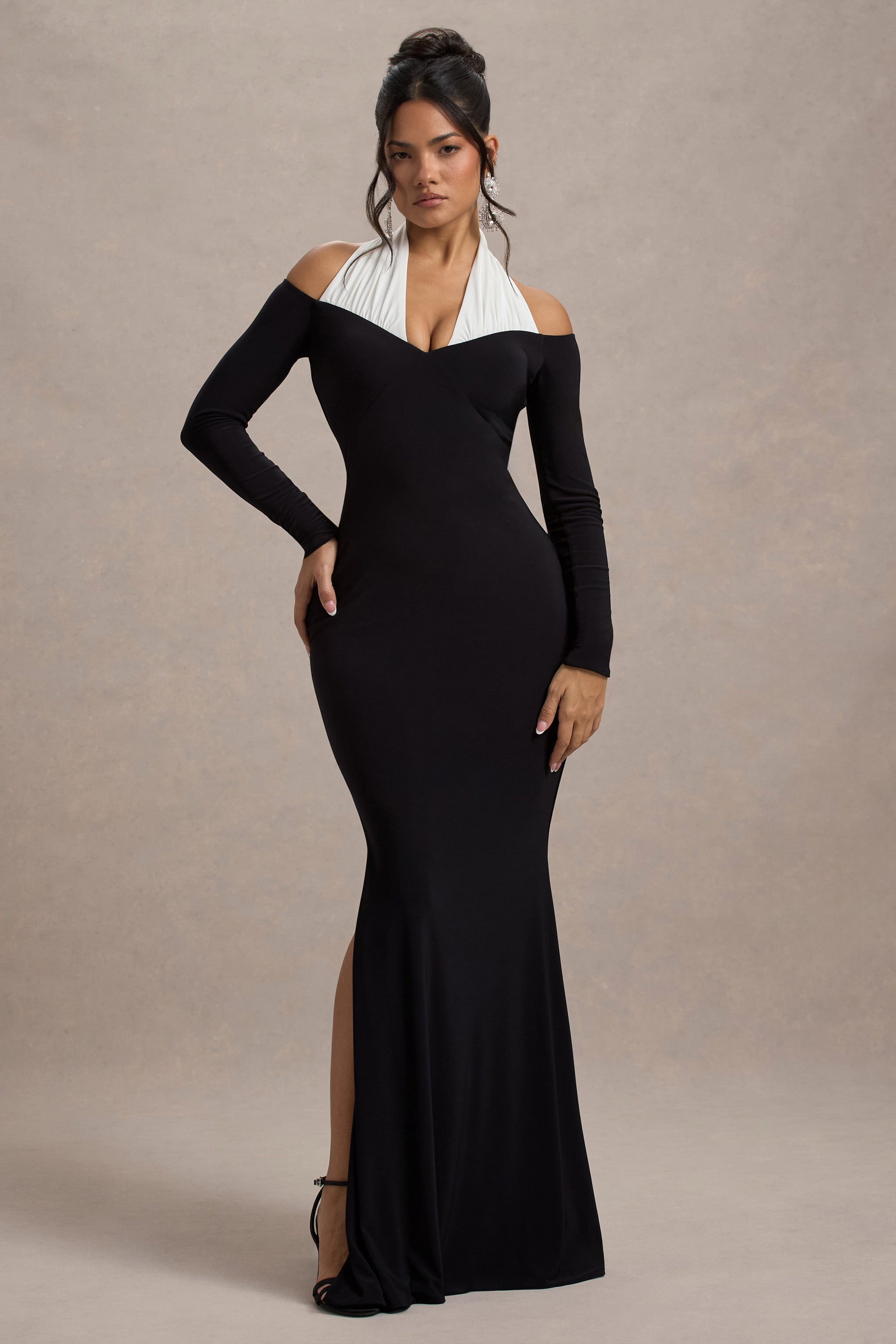 Black & White Halter-Neck Split Maxi Dress