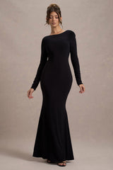 Black Long-Sleeve Cowl-Back Maxi Dress With Bows