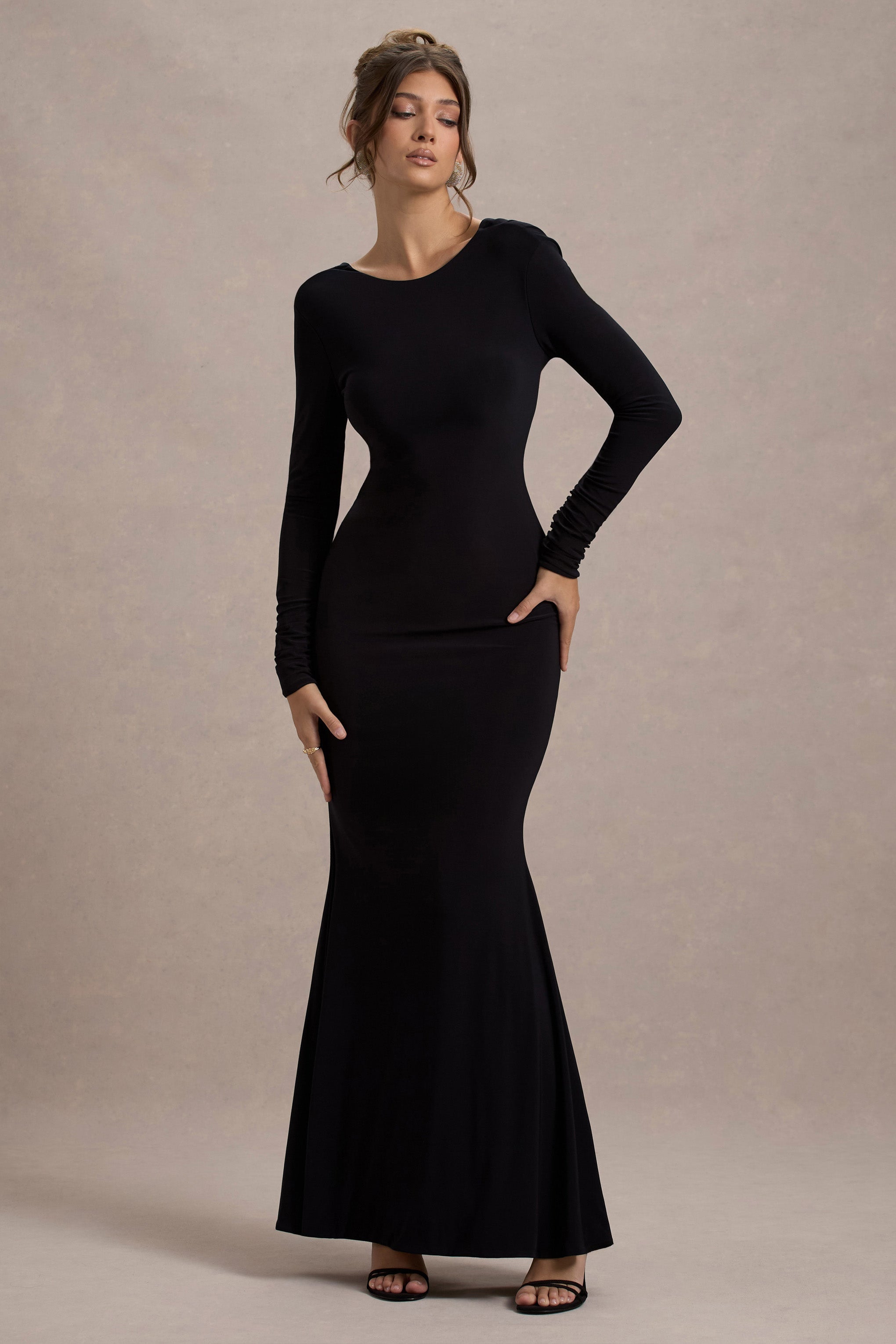 Black Long-Sleeve Cowl-Back Maxi Dress With Bows
