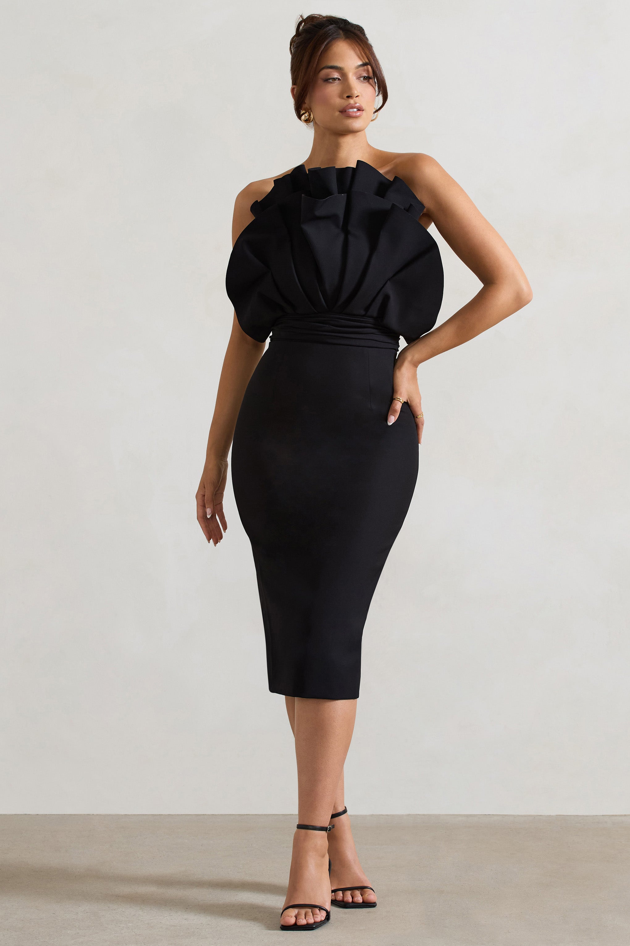 Black Ruffled Strapless Midi Dress