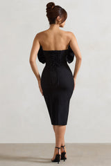Black Ruffled Strapless Midi Dress