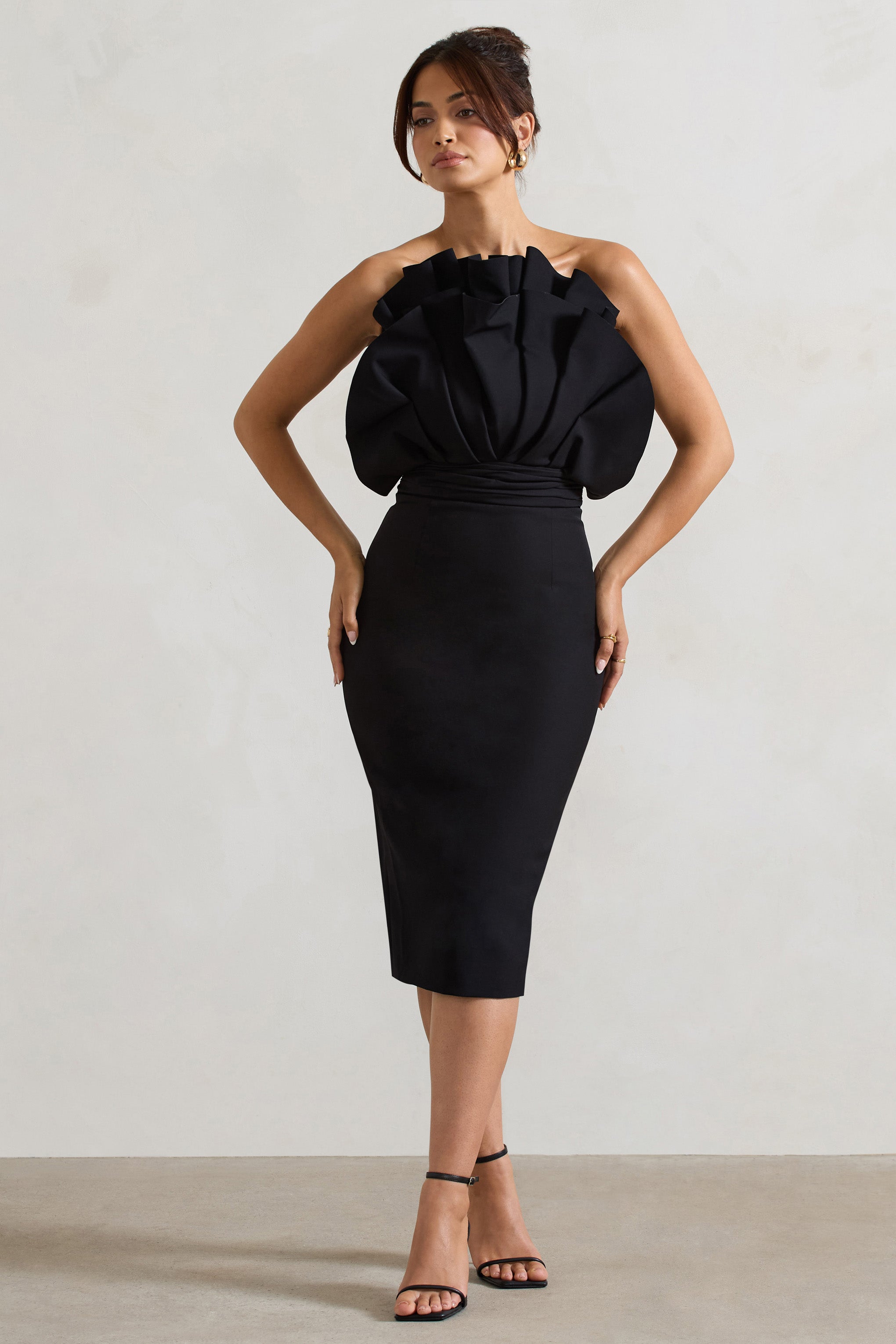 Black Ruffled Strapless Midi Dress