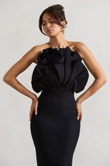 Black Ruffled Strapless Midi Dress