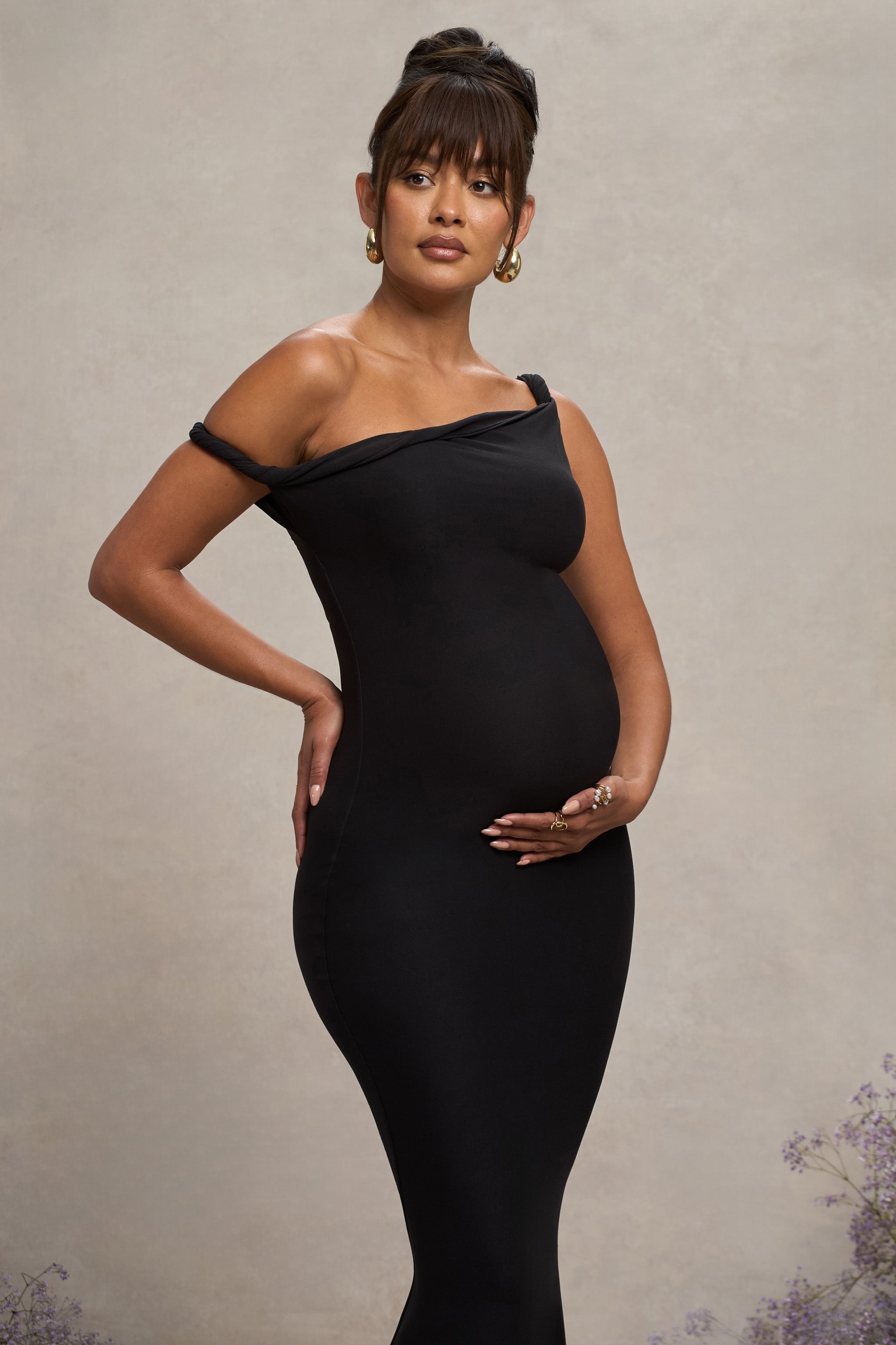 Black Twisted Asymmetric Maternity Maxi Dress