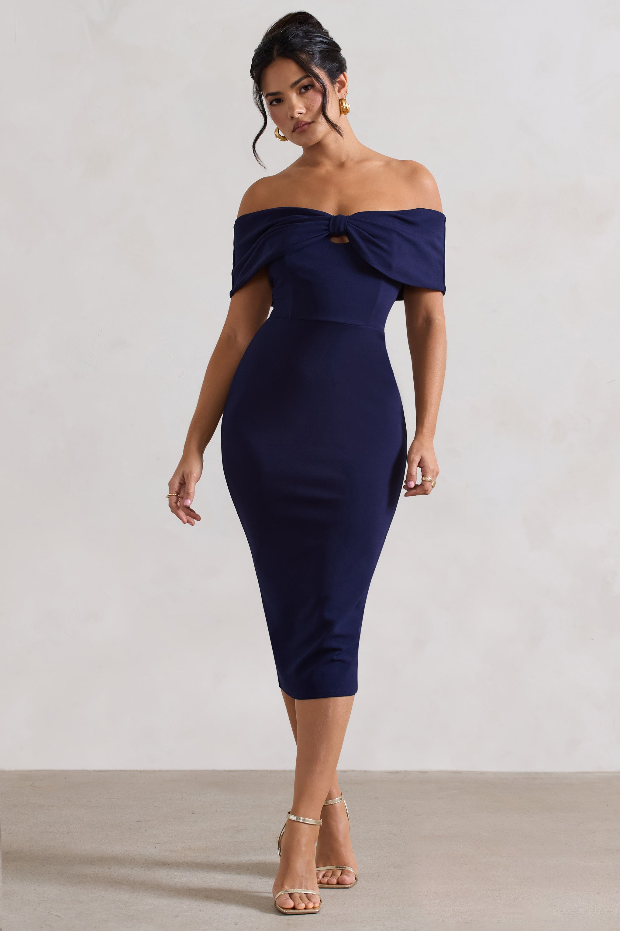 Navy Bow Bardot Midi Dress