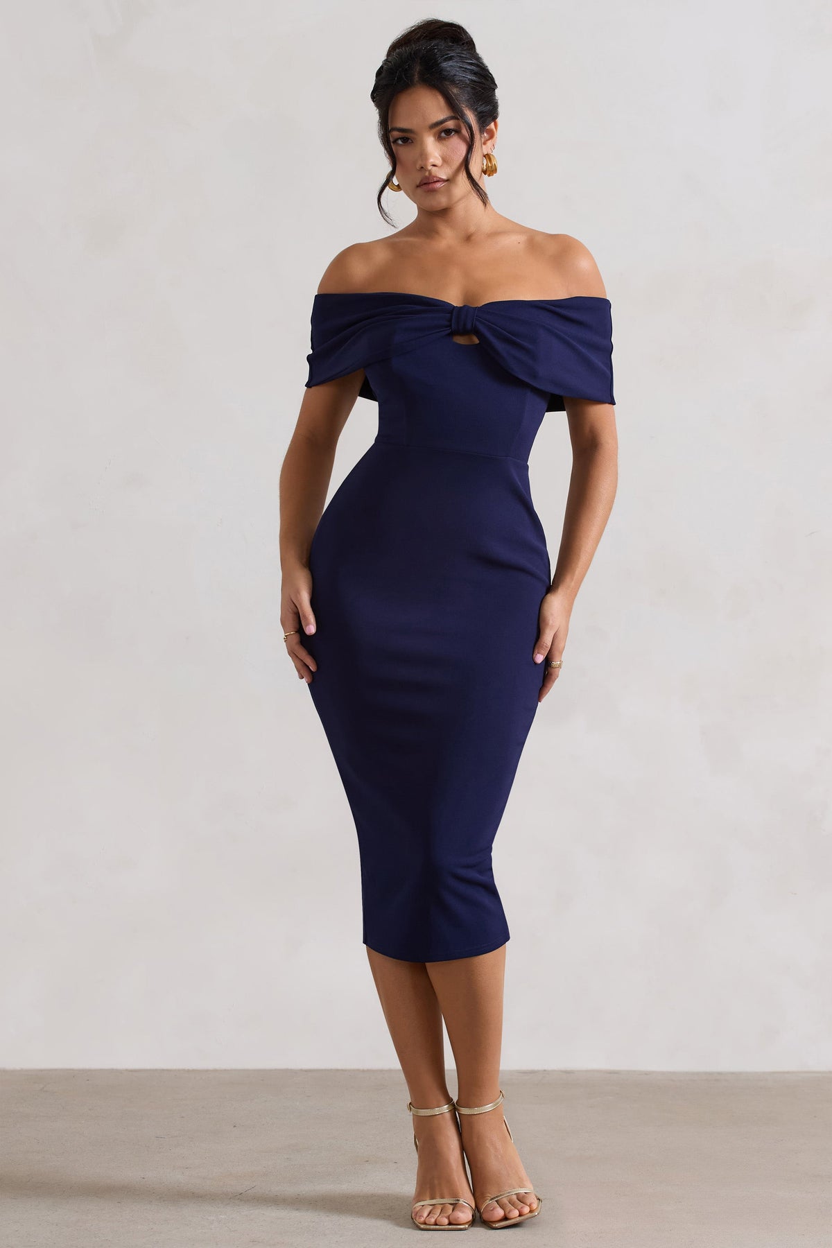 Navy Bow Bardot Midi Dress