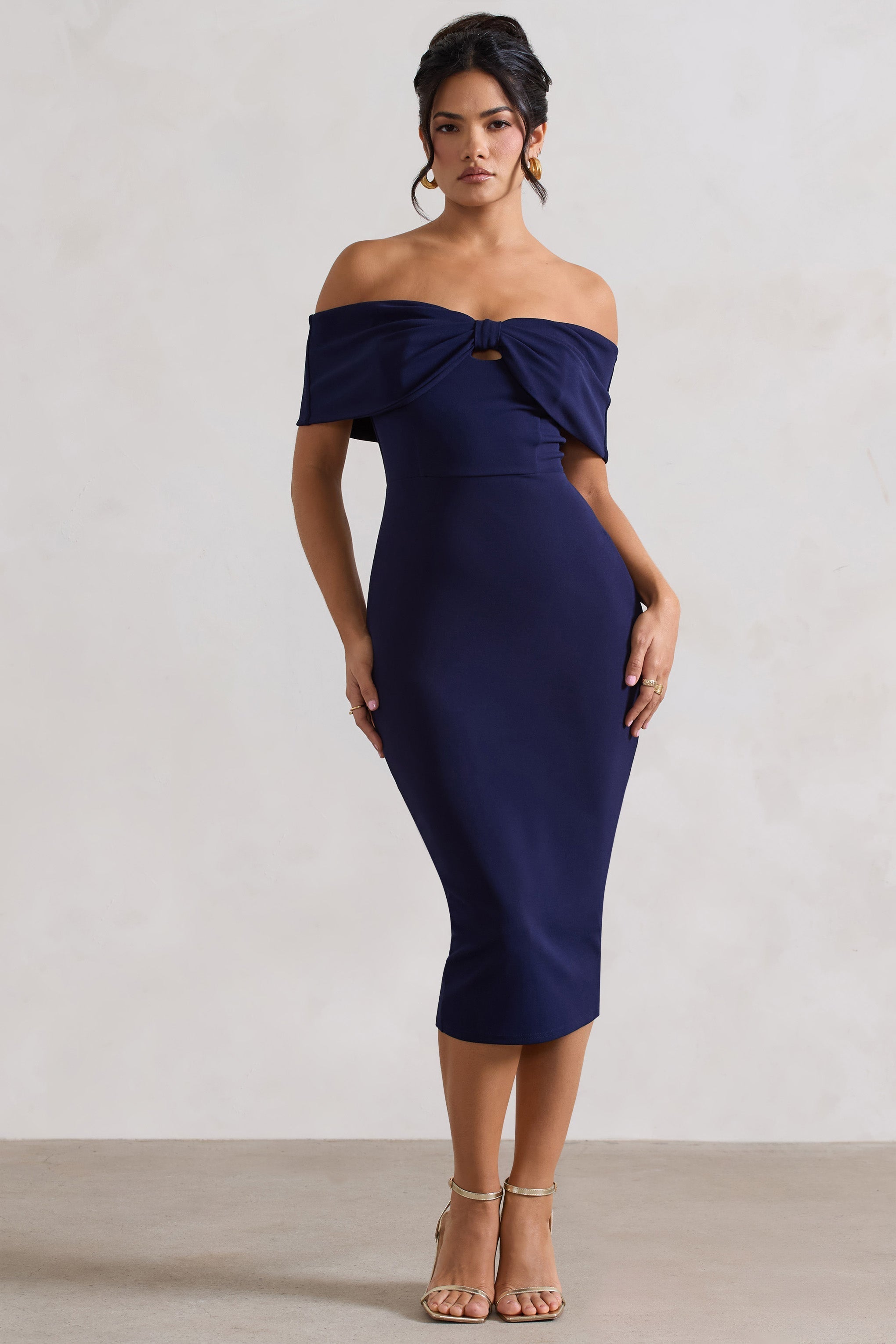 Navy Bow Bardot Midi Dress