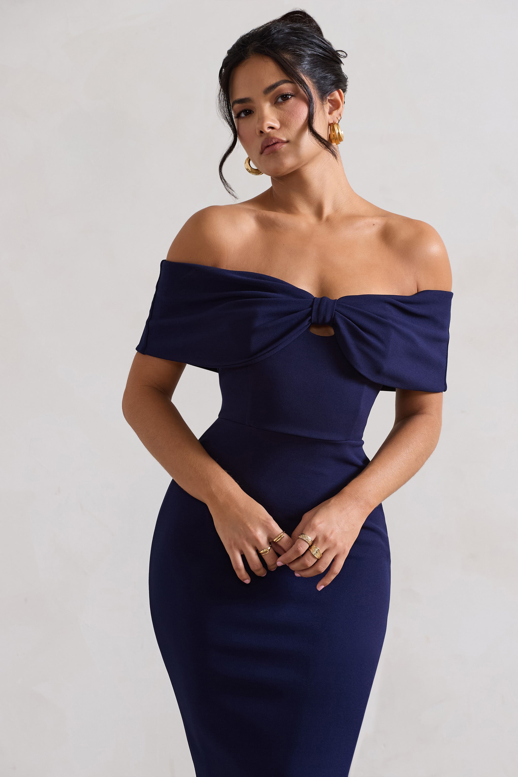 Navy Bow Bardot Midi Dress