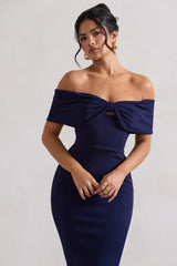 Navy Bow Bardot Midi Dress