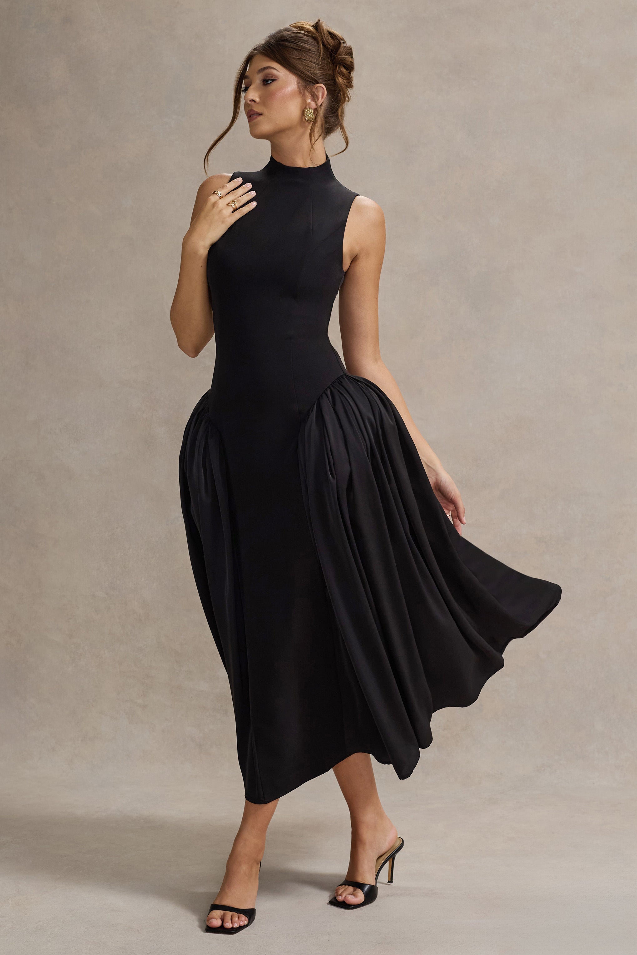 Black High-Neck Volume-Skirt Midi Dress