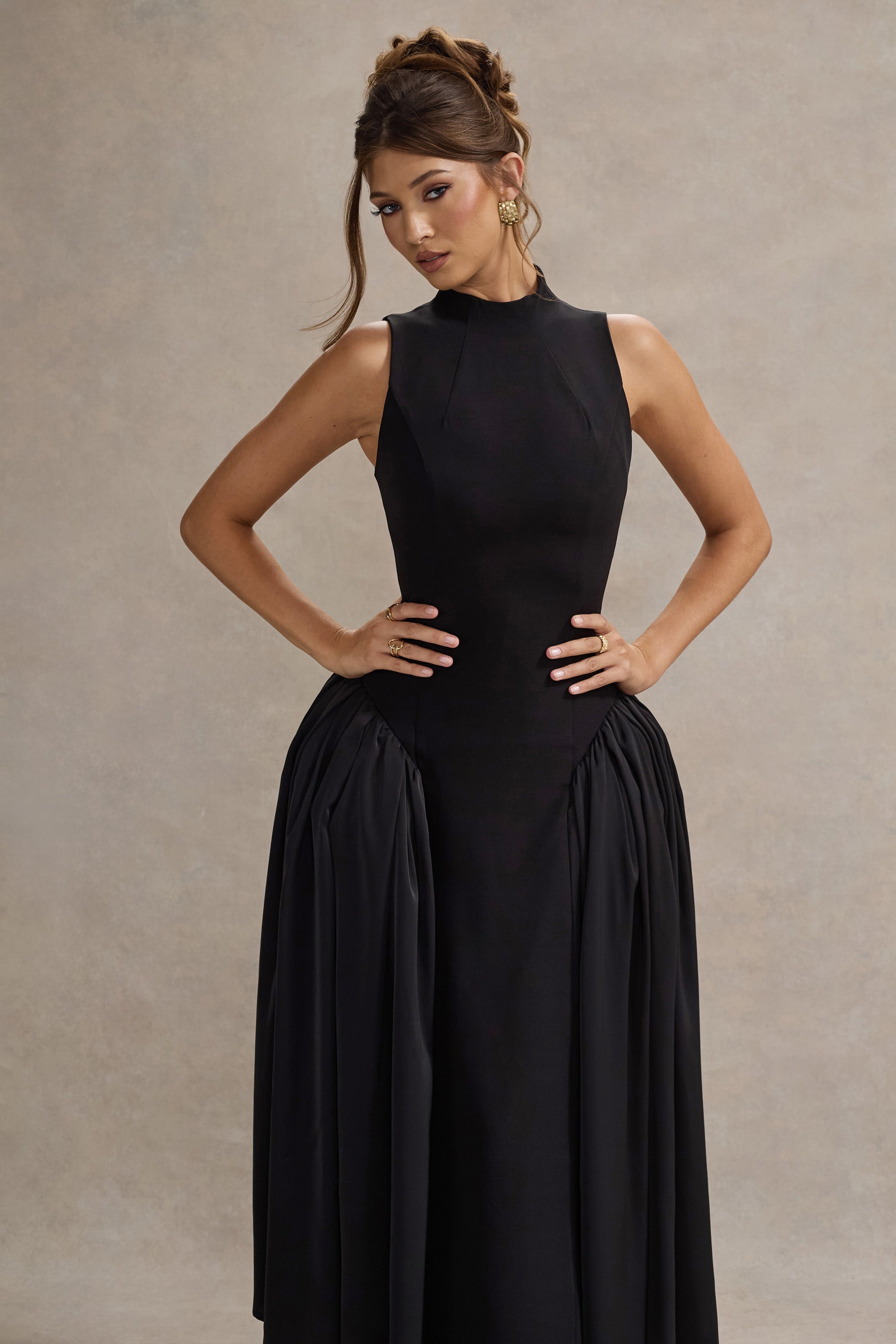 Black High-Neck Volume-Skirt Midi Dress