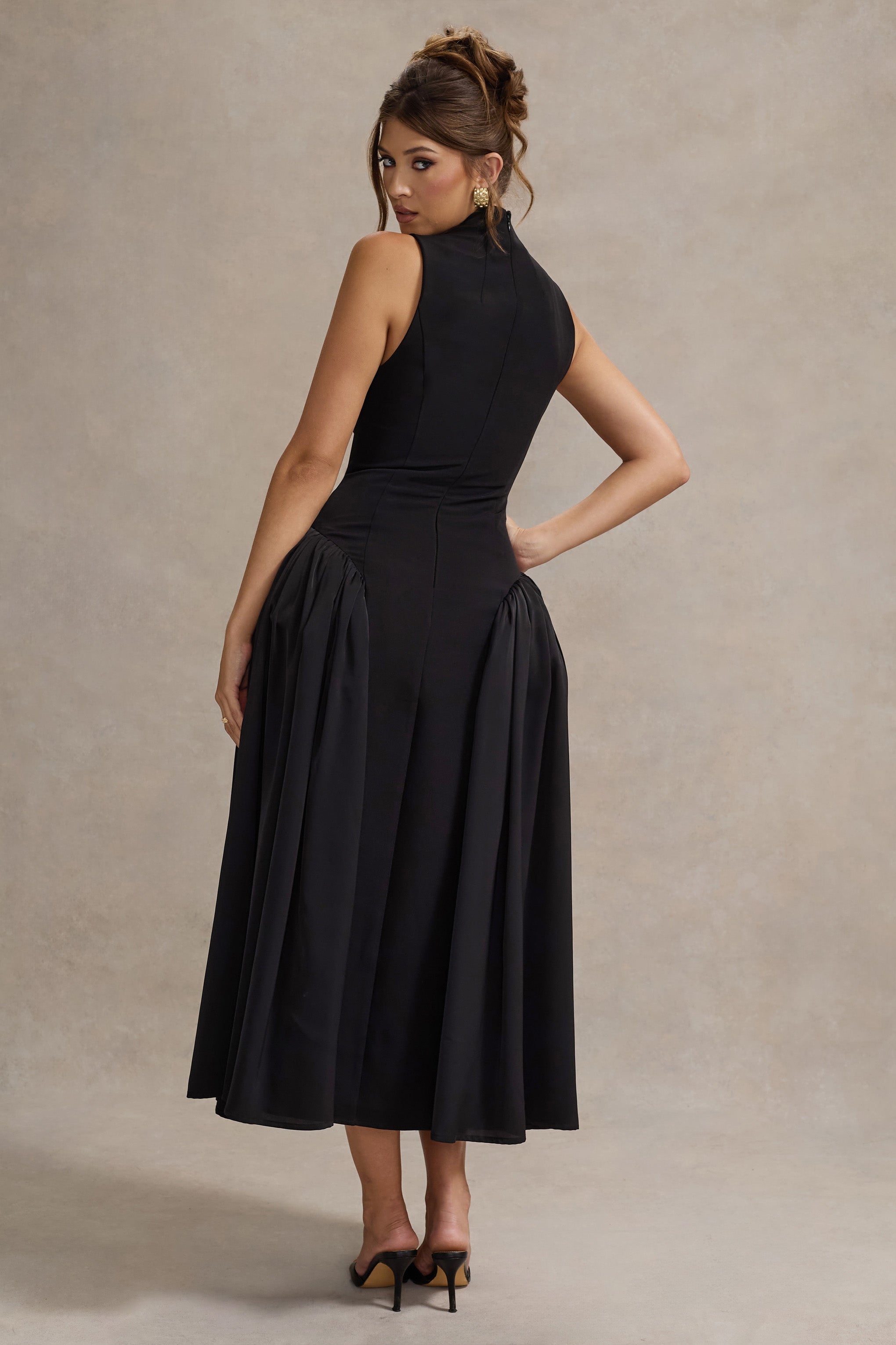 Black High-Neck Volume-Skirt Midi Dress
