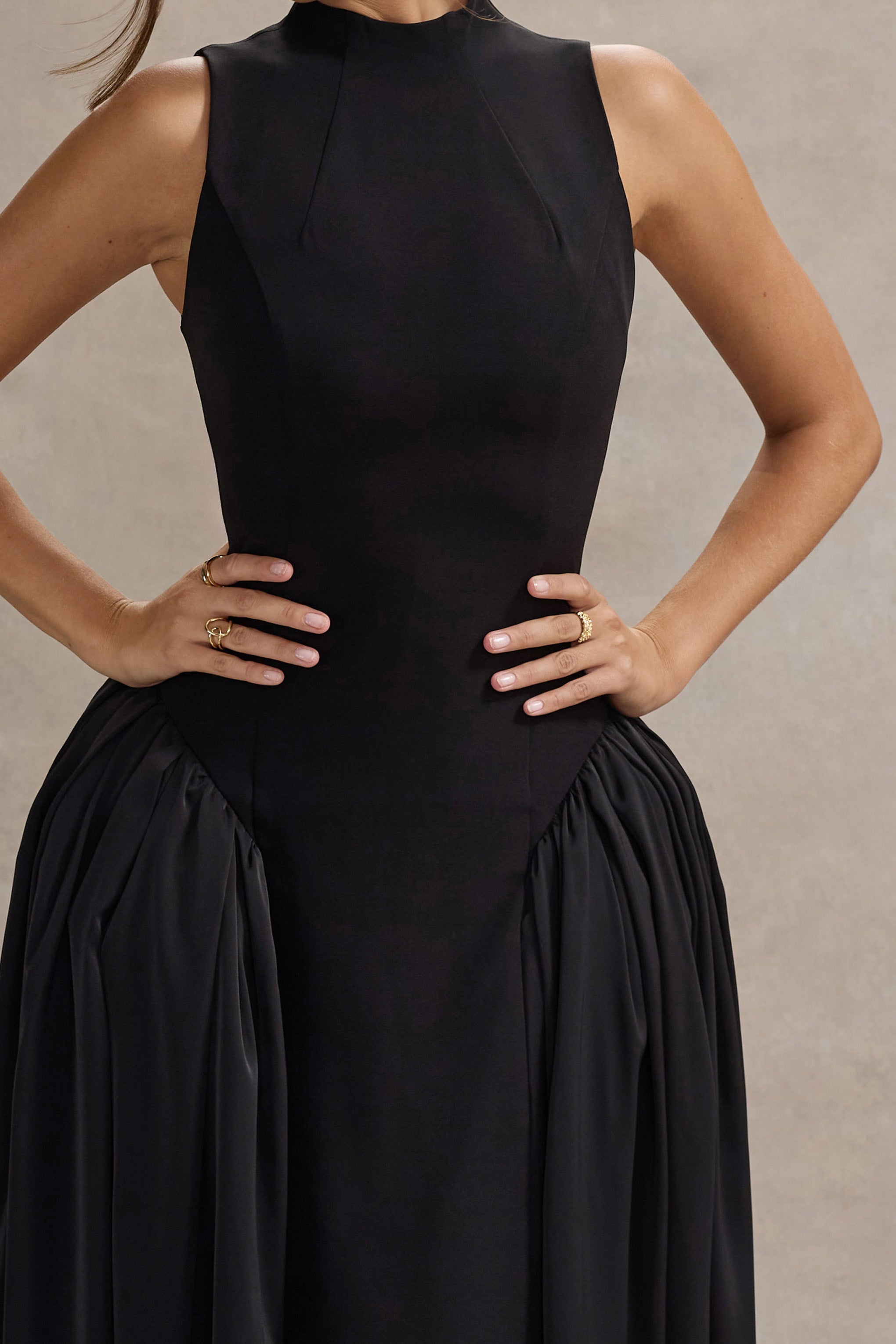 Black High-Neck Volume-Skirt Midi Dress