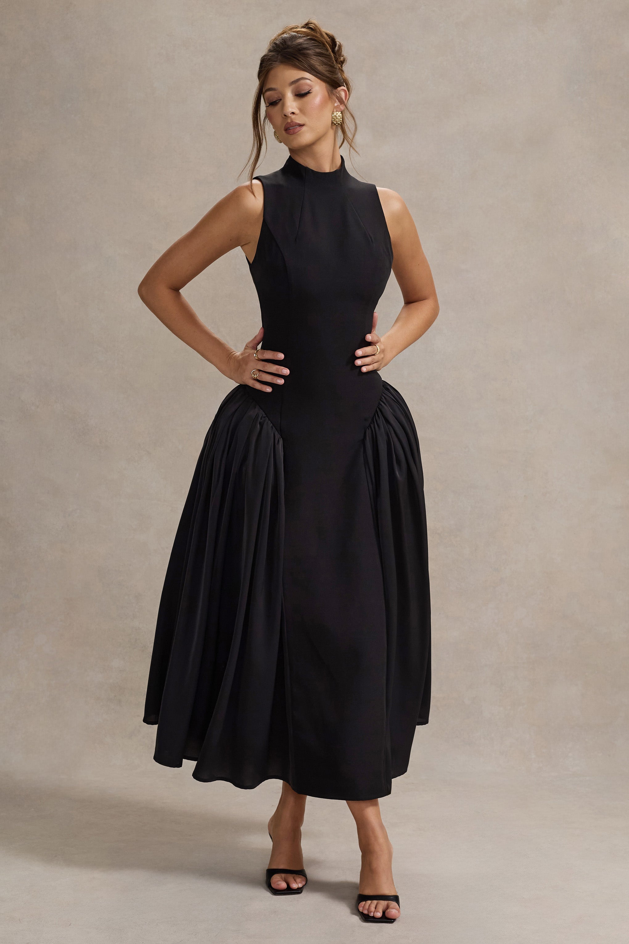 Black High-Neck Volume-Skirt Midi Dress