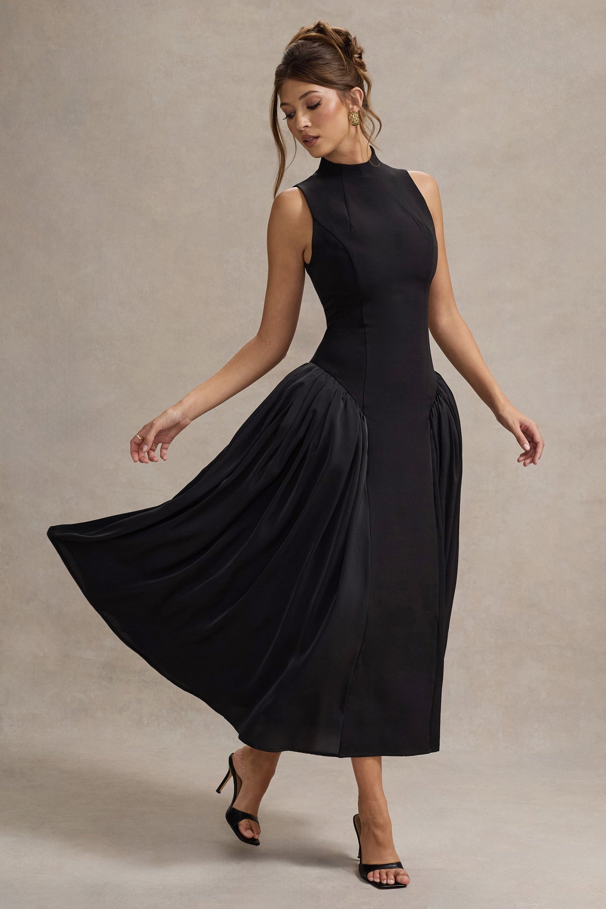 Black High-Neck Volume-Skirt Midi Dress