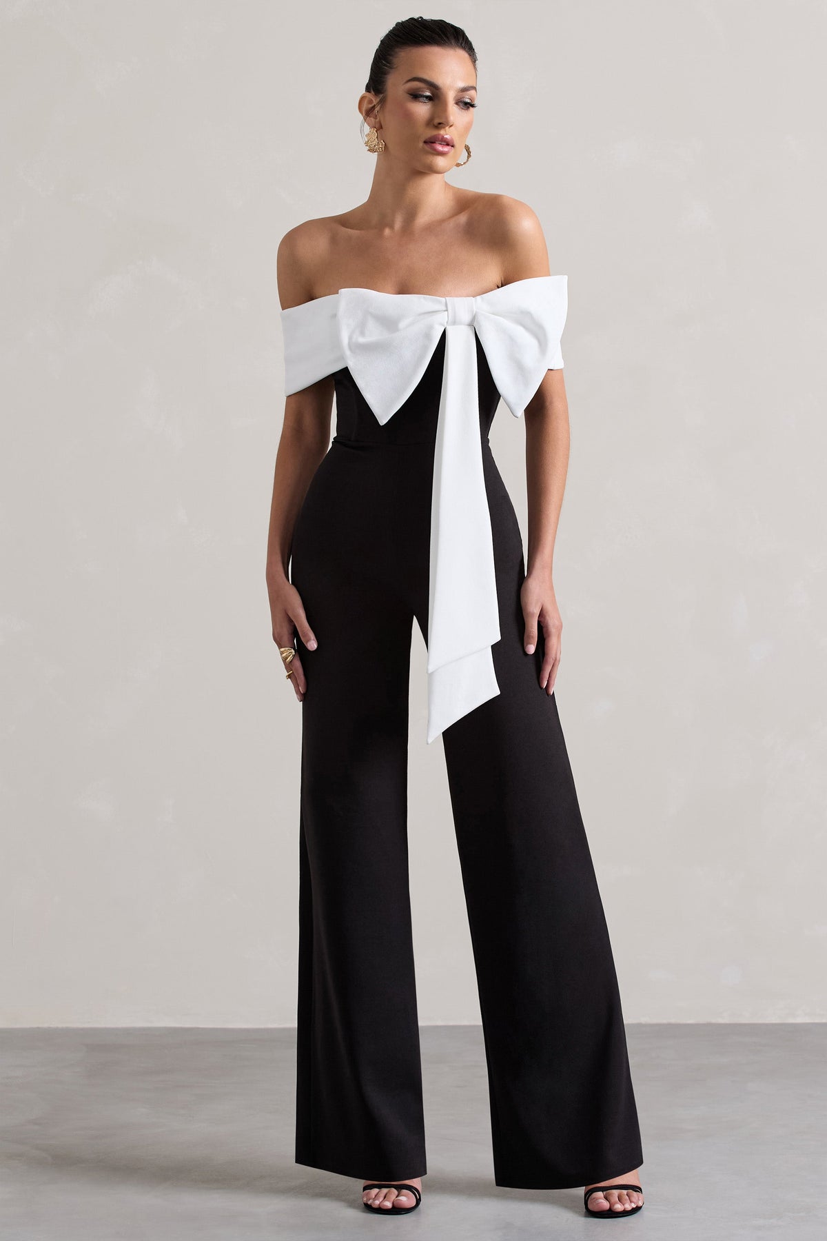 Black Bardot Straight-Leg Jumpsuit With Bow