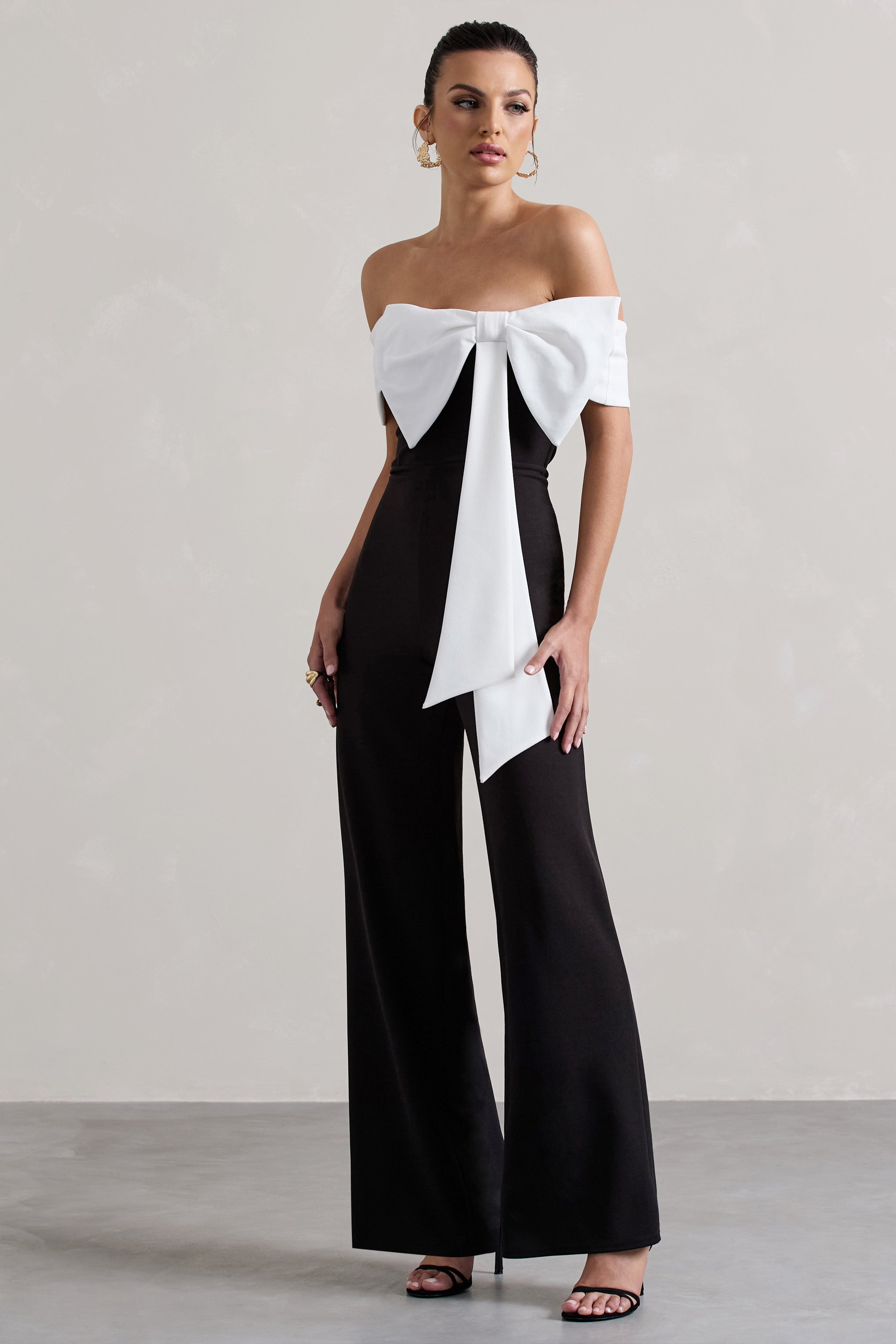 Black Bardot Straight-Leg Jumpsuit With Bow