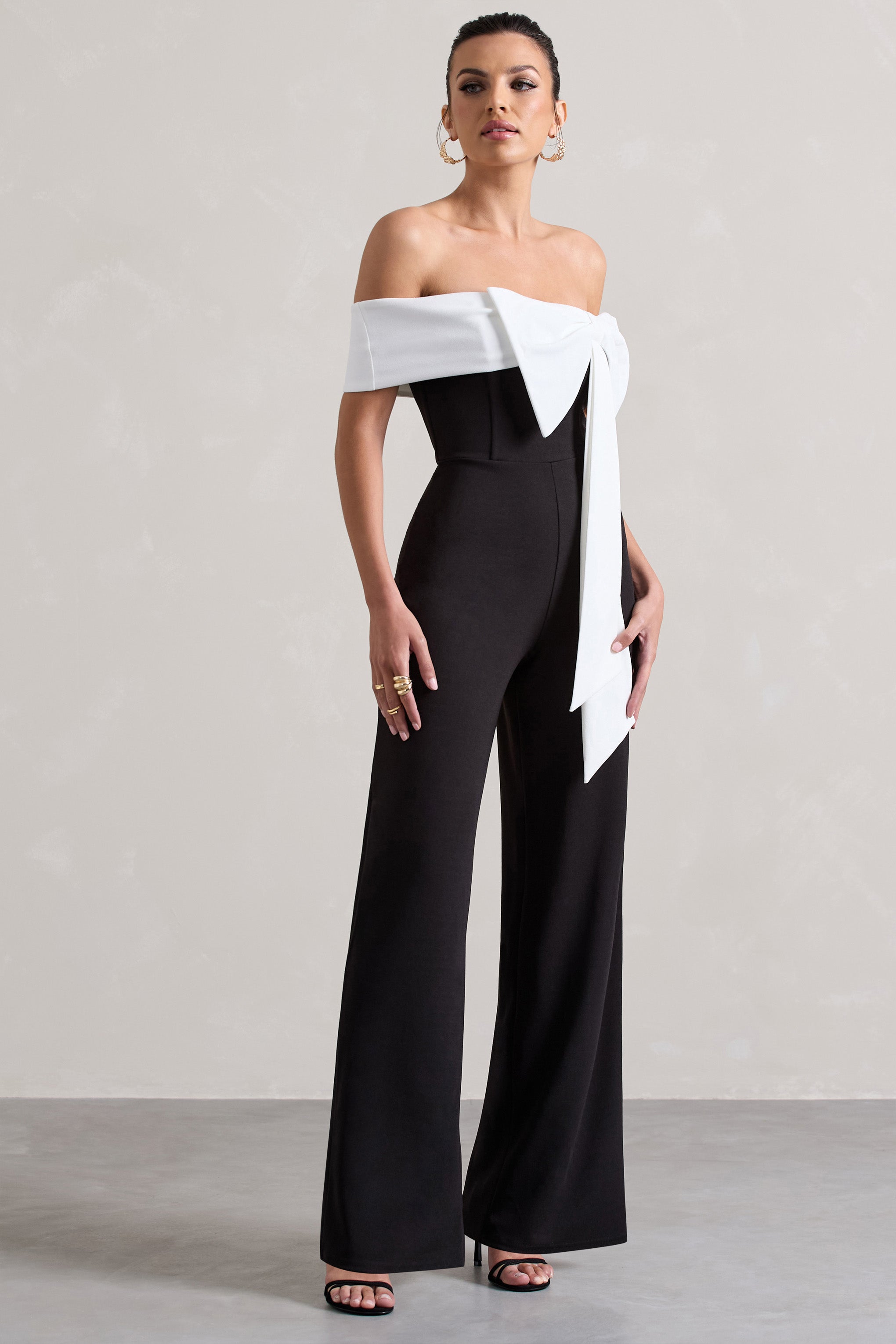 Black Bardot Straight-Leg Jumpsuit With Bow