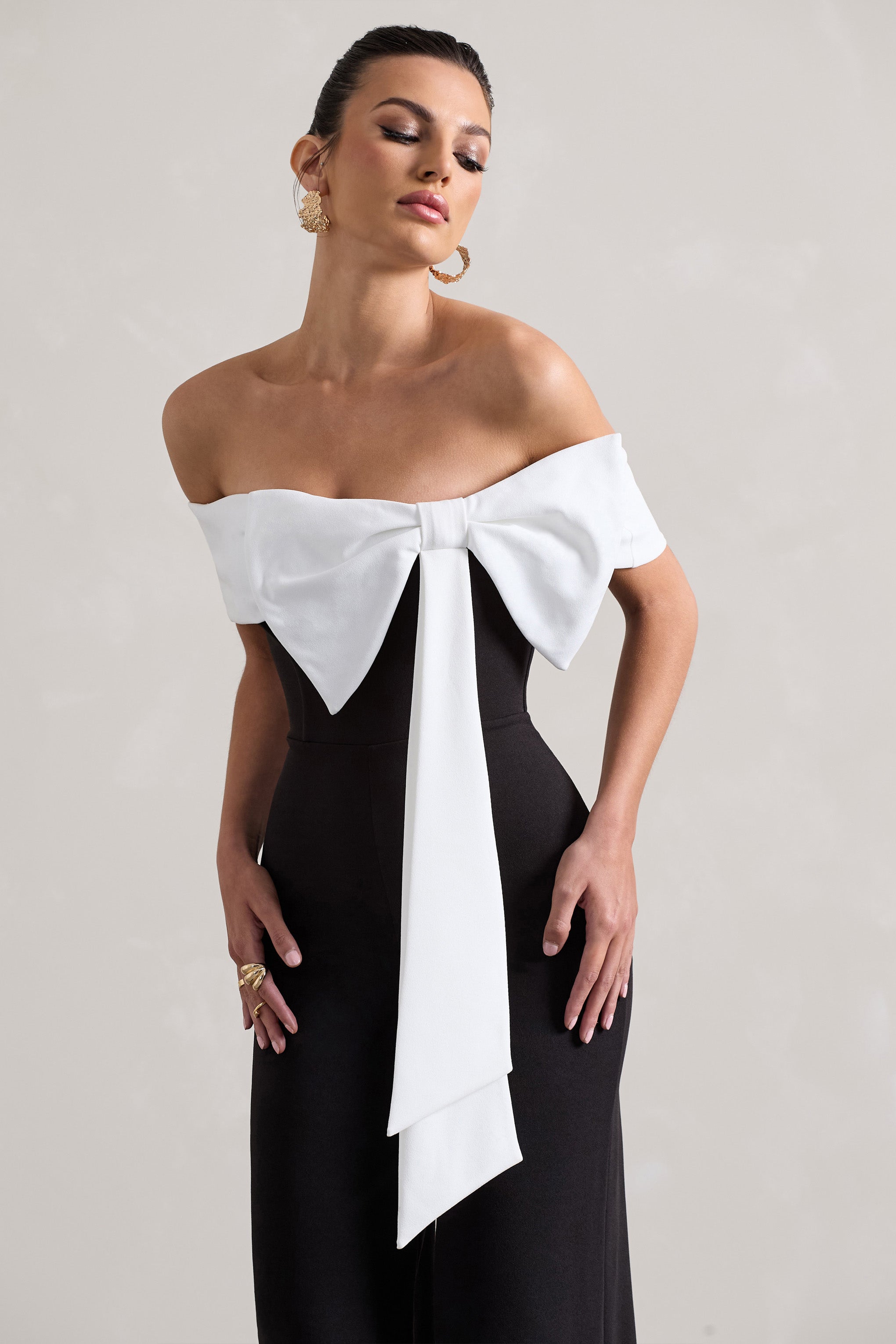 Black Bardot Straight-Leg Jumpsuit With Bow