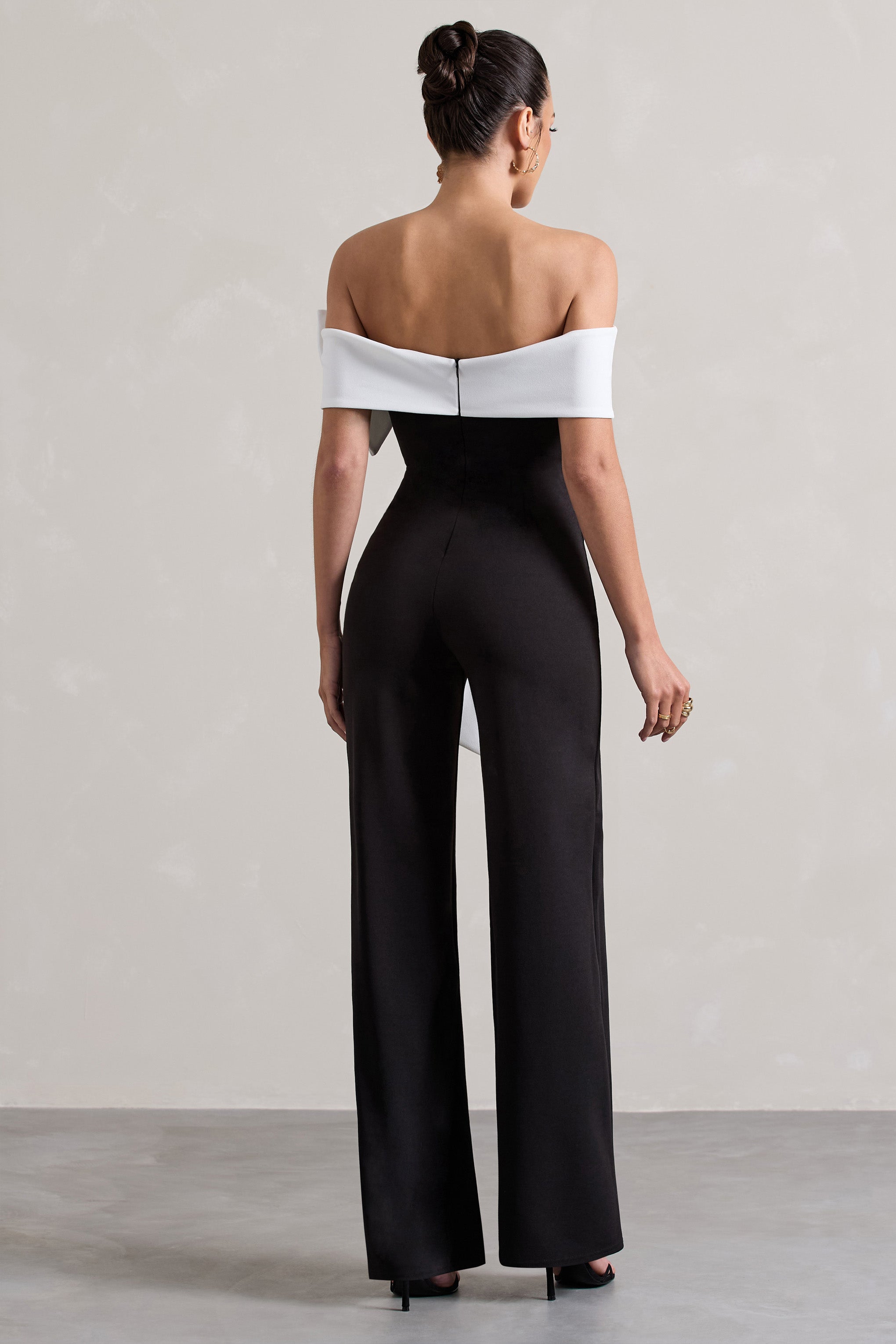 Black Bardot Straight-Leg Jumpsuit With Bow