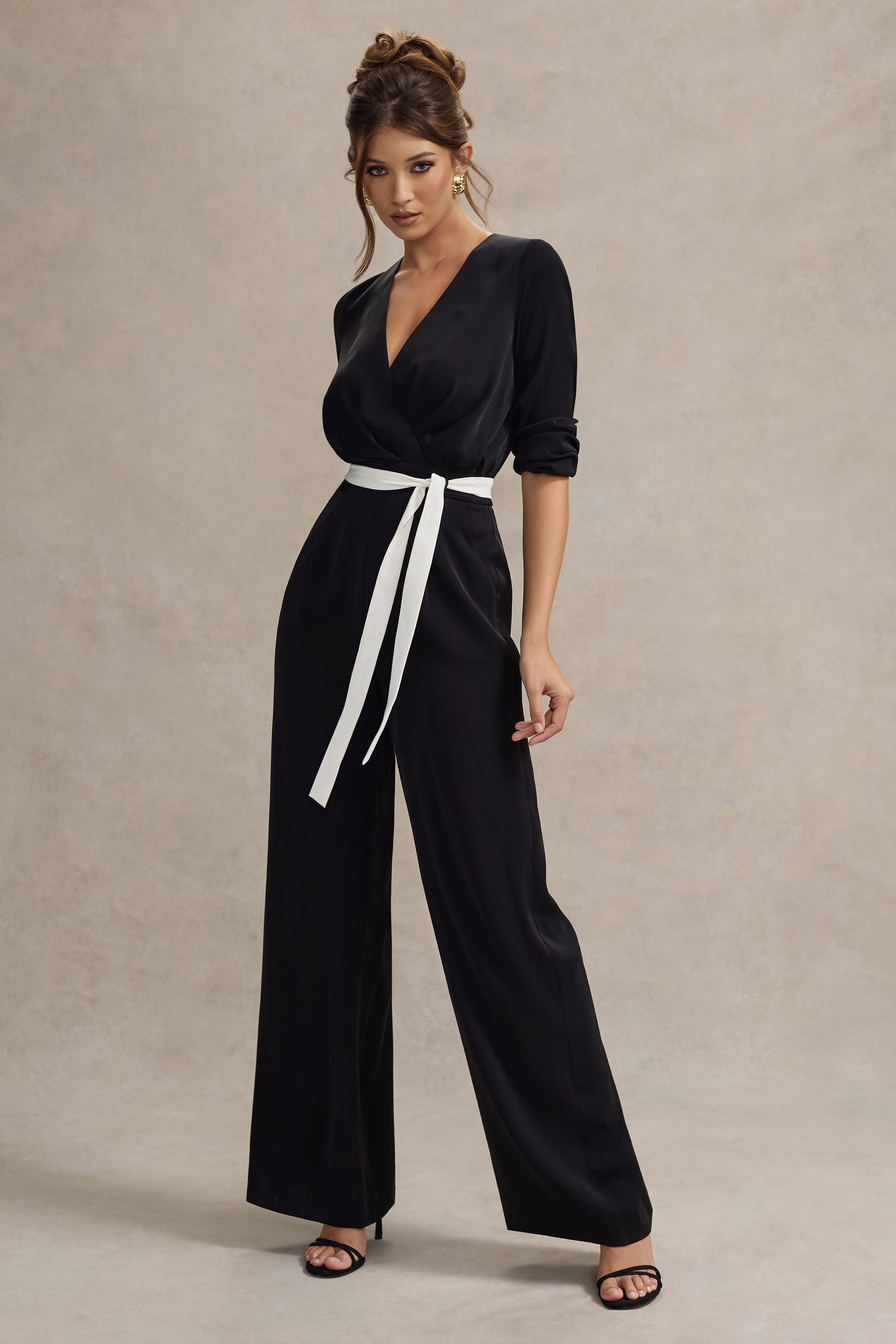 Black Tailored Plunge Jumpsuit With Tie Waist