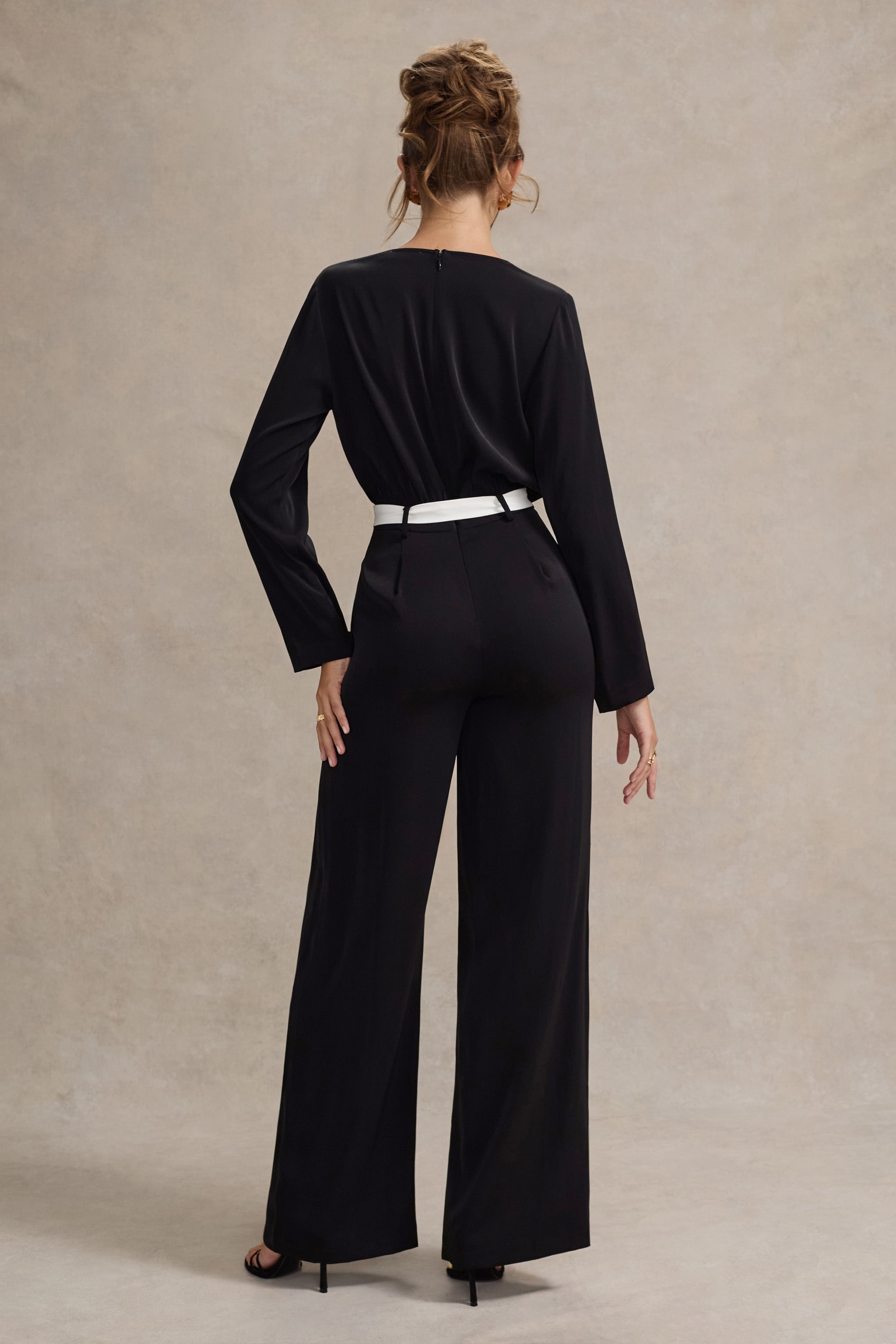 Black Tailored Plunge Jumpsuit With Tie Waist