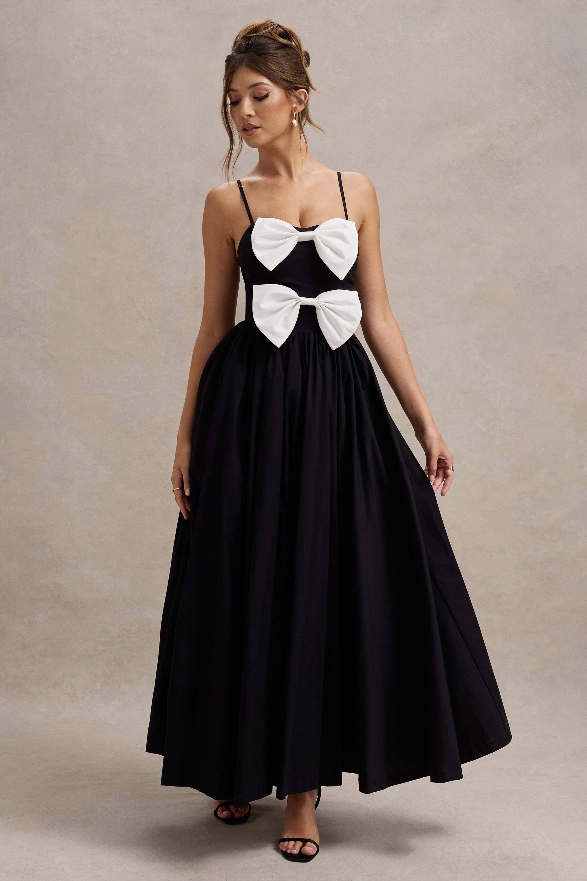 Black Strappy Pleated Maxi Dress With Bows