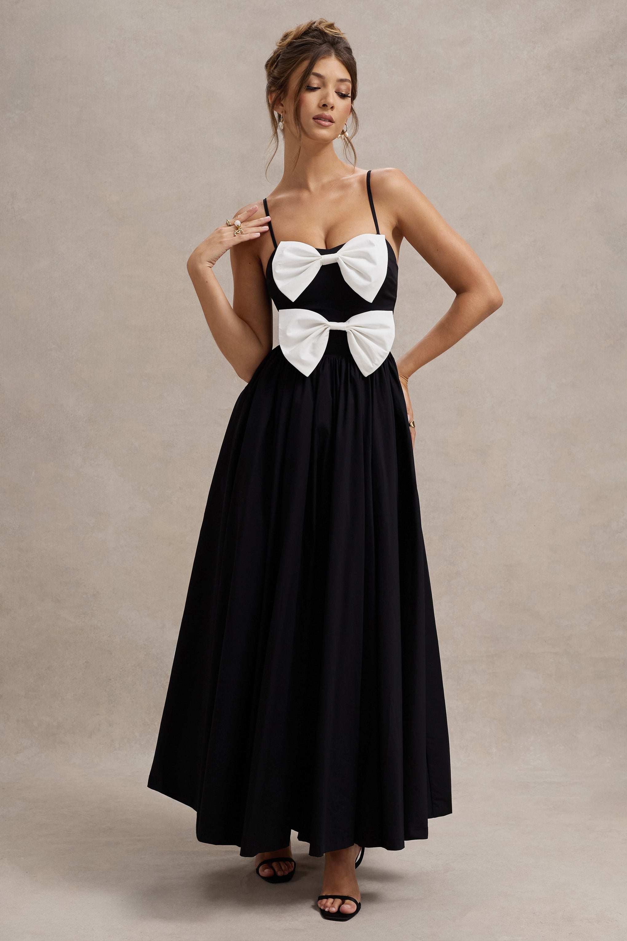 Black Strappy Pleated Maxi Dress With Bows