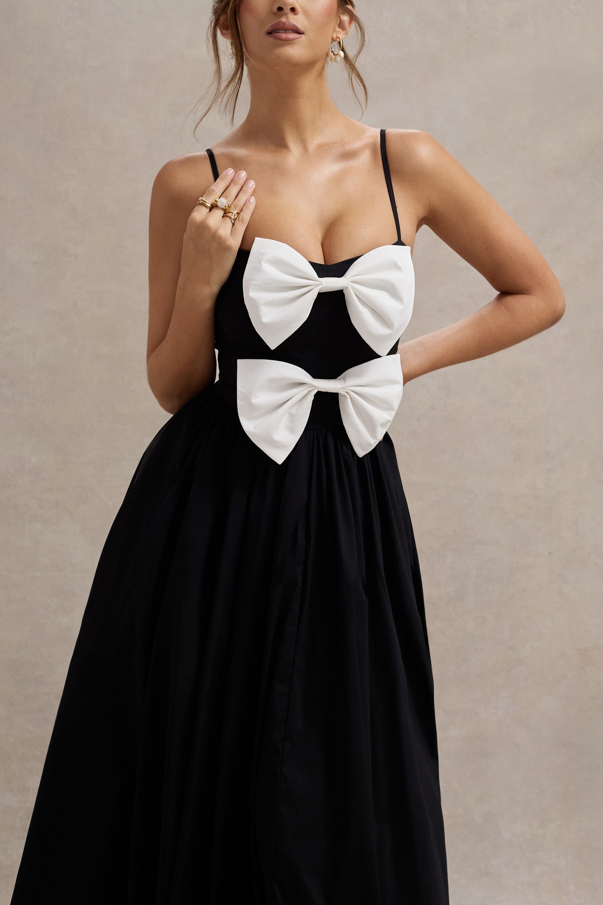 Black Strappy Pleated Maxi Dress With Bows