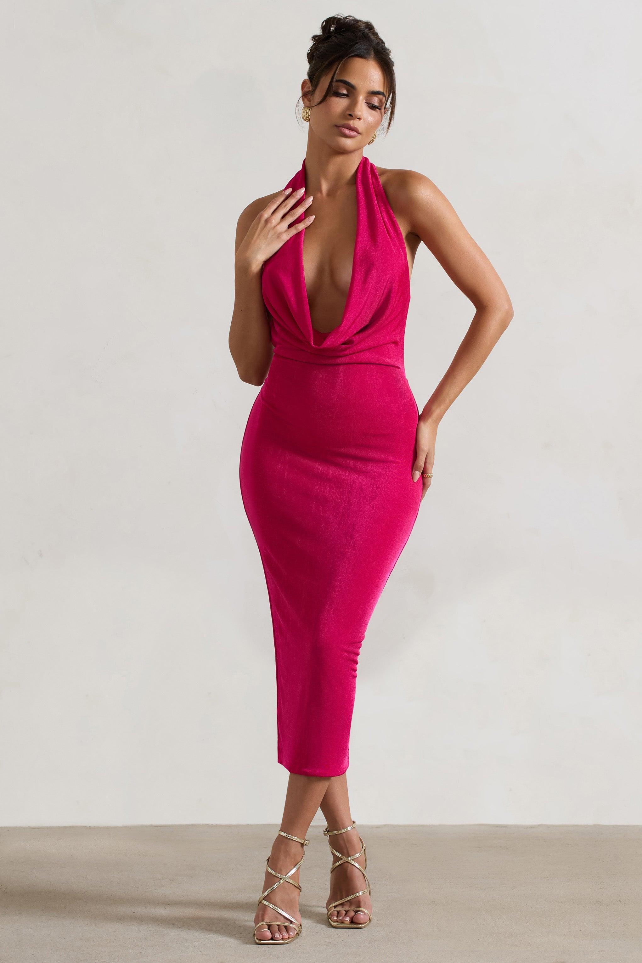 Hot Pink Cowl-Neck Midi Dress